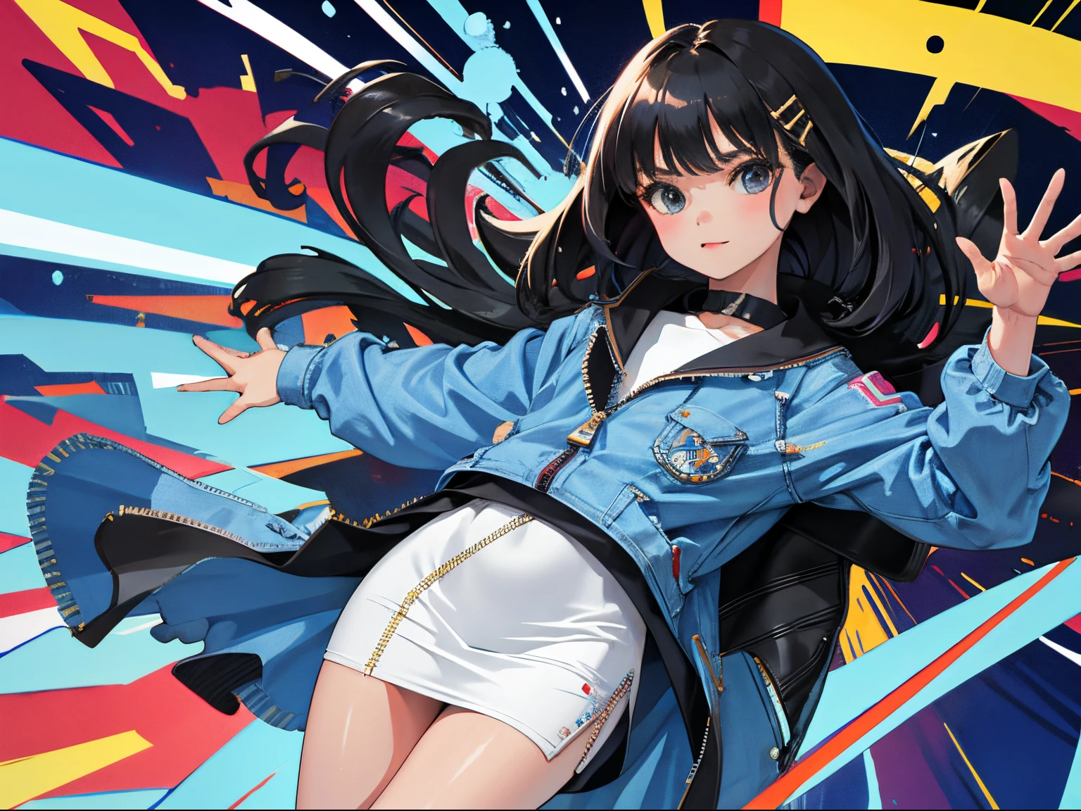 (child)，（​masterpiece，Highest Quality），（denim zip up dress:1.4），pencil skirts，shortsleeves，A dark-haired