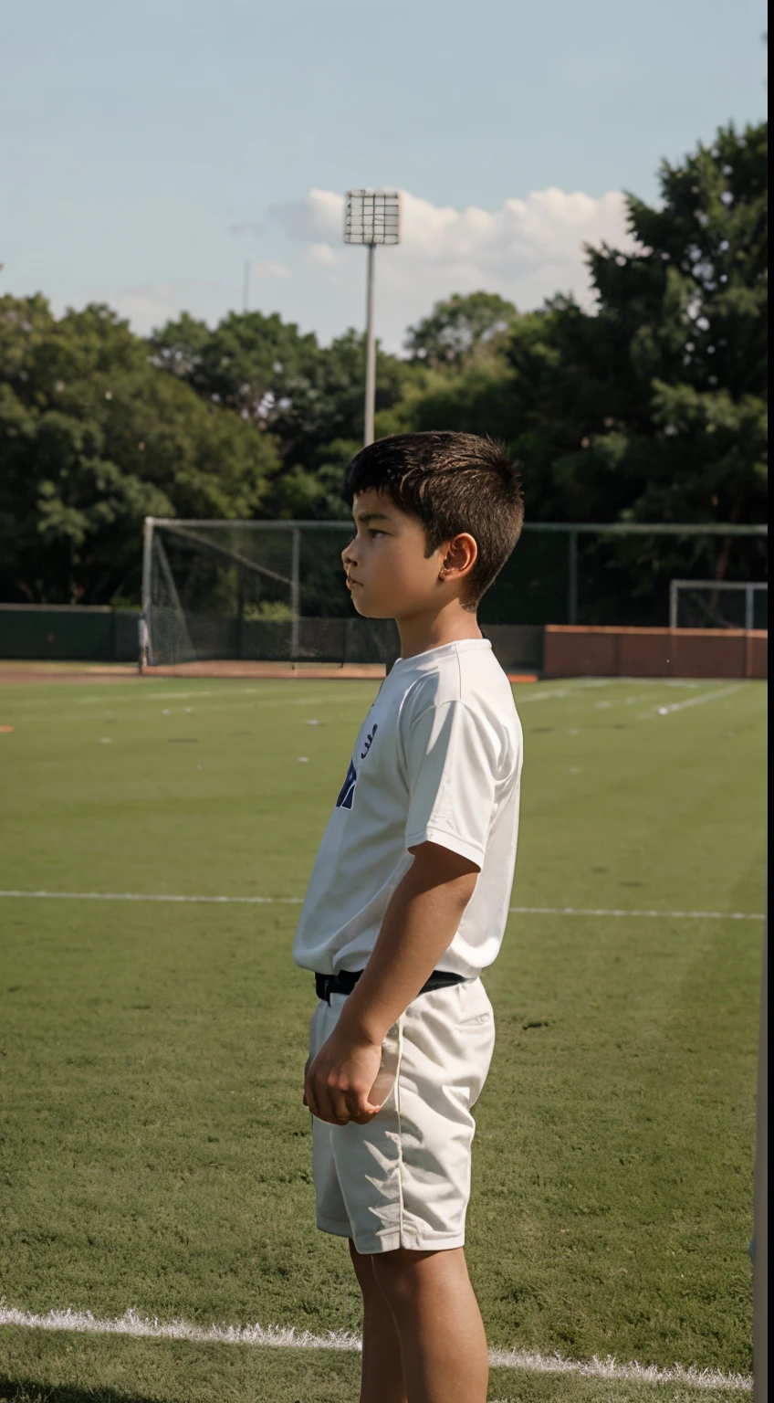 A young boy athlete standing on a sports field, looking contemplative.