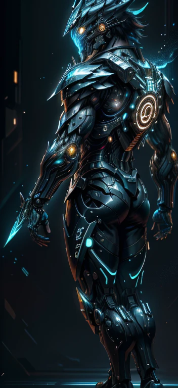 realistic,shiny,reflective,bioluminic, galactic cybernetic mask,mecha,(samurai:1.2)sh4g0d,GlowingRunes_blue,fullbody,cinemnatic,dark background,back light,high contrast,