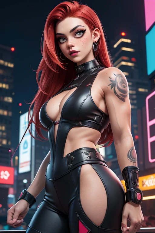 ((best quality)), ((masterpiece)), (detailed), redhead girl with goth makeup, 18 years old, freckless, extremly muscular, big biceps, tattoos, cyberpunk background, cyberpunk outfit