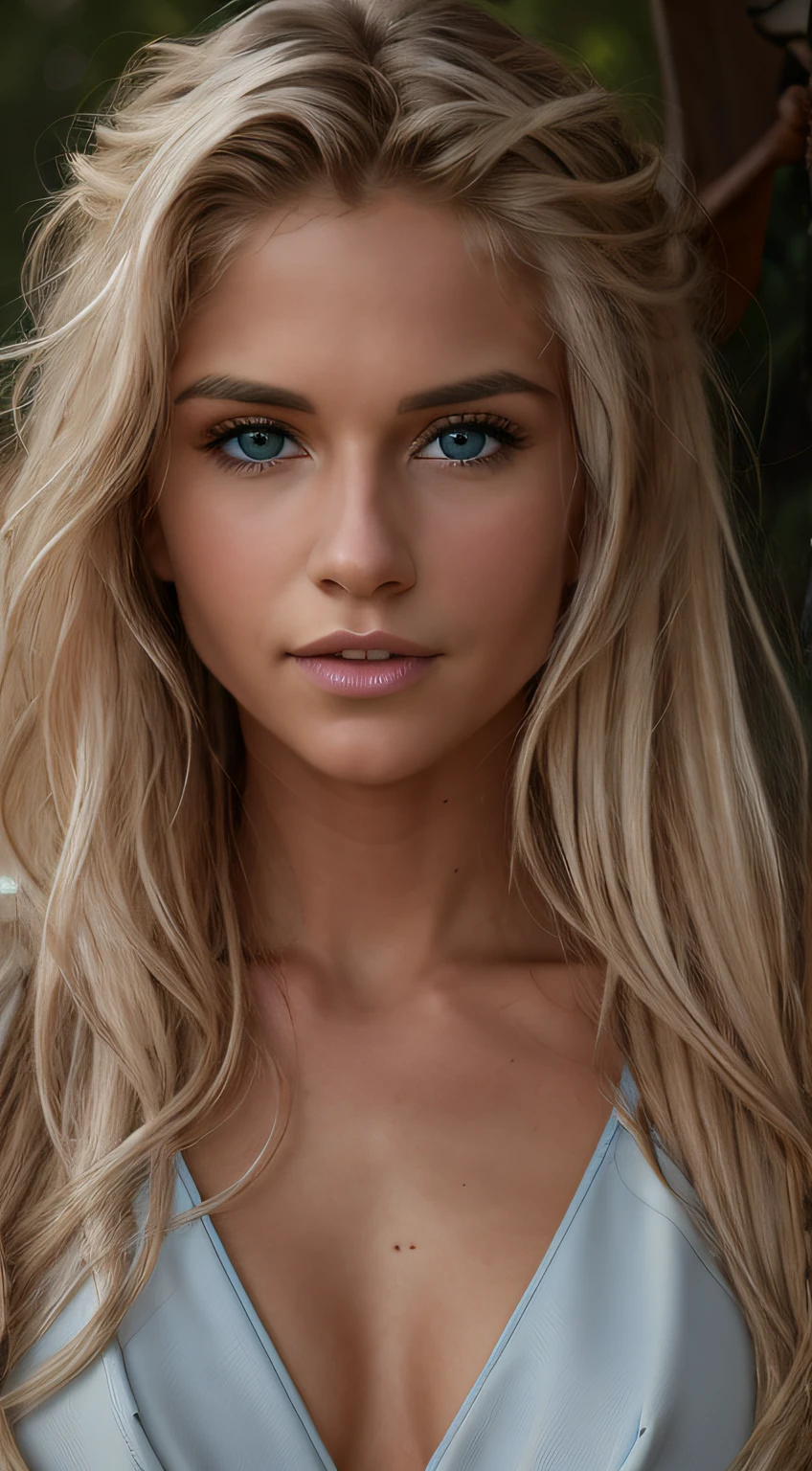 (4k photo:1.1) by (Jeremy Lipking:0.3), (Dittmann Anna:0.3), (Arian Mark:0.3), (Sharp focus:1.3), high detail, beautiful detailed face, beautiful detailed mouth, beautiful detailed eyes, beautiful detailed nose, blue eyes, long blonde hair, cleavage, medium breasts, (attractive young woman:1.3), (seductive:1.1), (smiling:1.1), (blushing:1.1), hourglass body shape