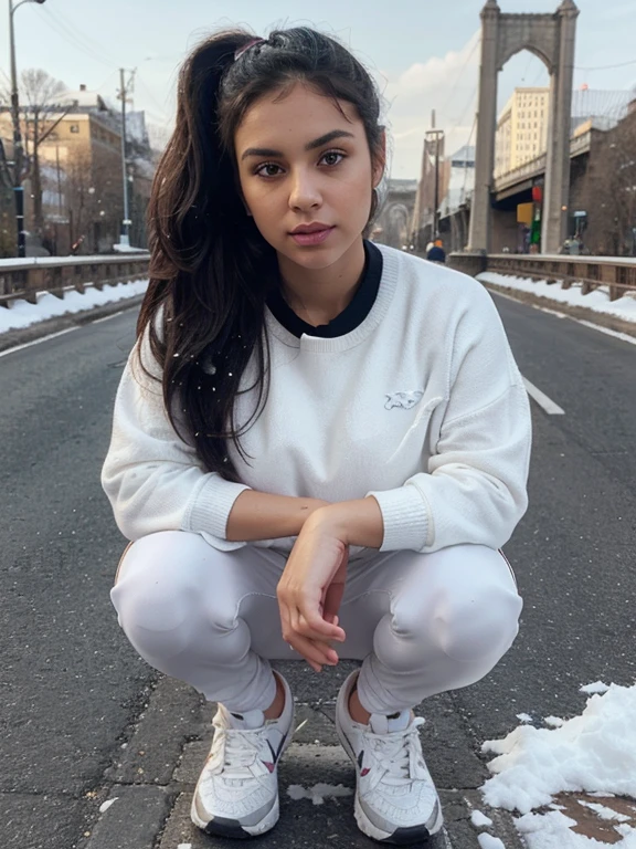 A girl, HER NAME fatemehabella danger, 25 years and 7 months and 21 days old/ mixture of persian, Greek, Armenian, and Arab/ brown almond eyes, Chocolate ponytail brown hair/ bow-shaped lips, uptruned Nose, square jaws, narrow forehead, Protruding chin, high-arch eyebrows /168 centimeters height, 61 kilograms weight,tanned and chubby body/  shiny pants, white sweater, black jacket, white nike shoe , green socks / dark preset/ detailed eyes, detailed face, detailed anathomy, detailed hand, detailed leg, /bridge, road, snow, river, snow / standig 10 meters far from camera / fullbody photo / blurry background