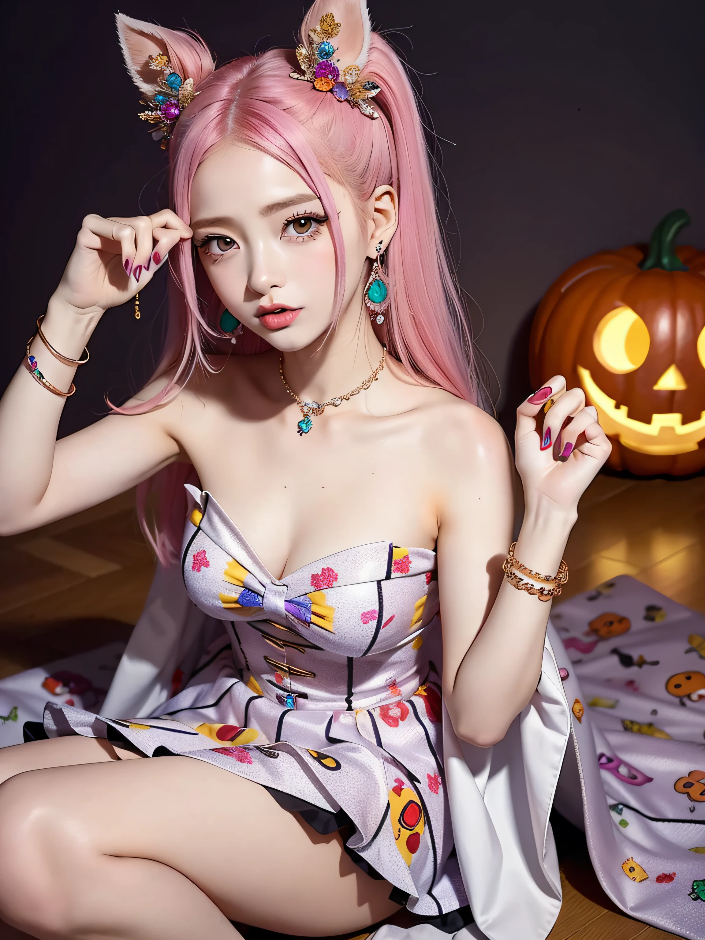 Gorgeus Girl, Beautiful, Baby Face, 20 Years Old, White Skin, Colossal Breasts,, big large cleavage ((Anime Cosplay Coatumes)), Pastel Colour, Blue Eye, Halloween Background, Masterpiece, Pink Hair, Sleeveless, Front Fancing, ((Potrait:1.1)), ((Torn:1.2))