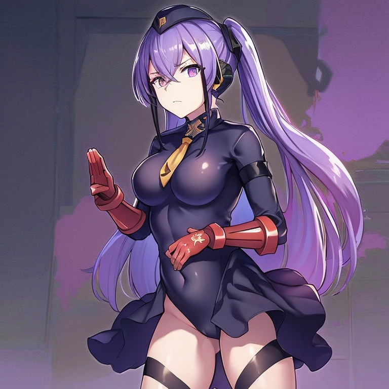 Masterpiece, Best Quality, Highly detailed, illustration, absurdres, street fighter, girls frontline, destroyer, gold eyes, doll suit, shadaloo doll, nazi salute, military, military salute, purple-hair, 1 girl, solo, expressionless, emotionless eyes, looking at viewer, red gloves, emotionless, black latex, corrution, zofa suit, zofa soldier, mind control, female combatant, android