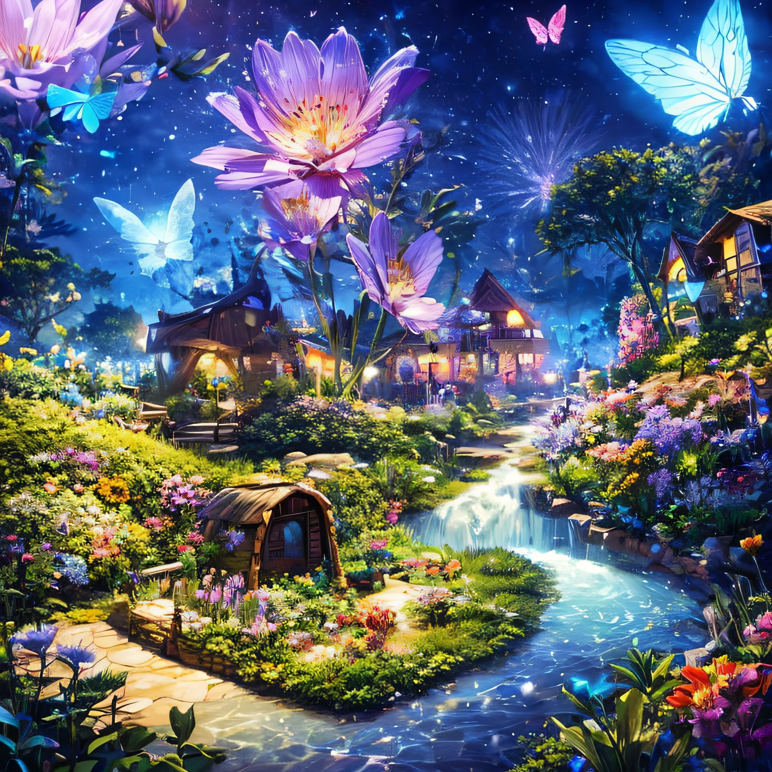 Fairy Village, Blossoms、butterflies are flying everywhere, There are lots of flowers on the roof too, carismatic, brilliance, mystery, Soft lighting, (masutepiece), (Best Quality), (ultra high detail)