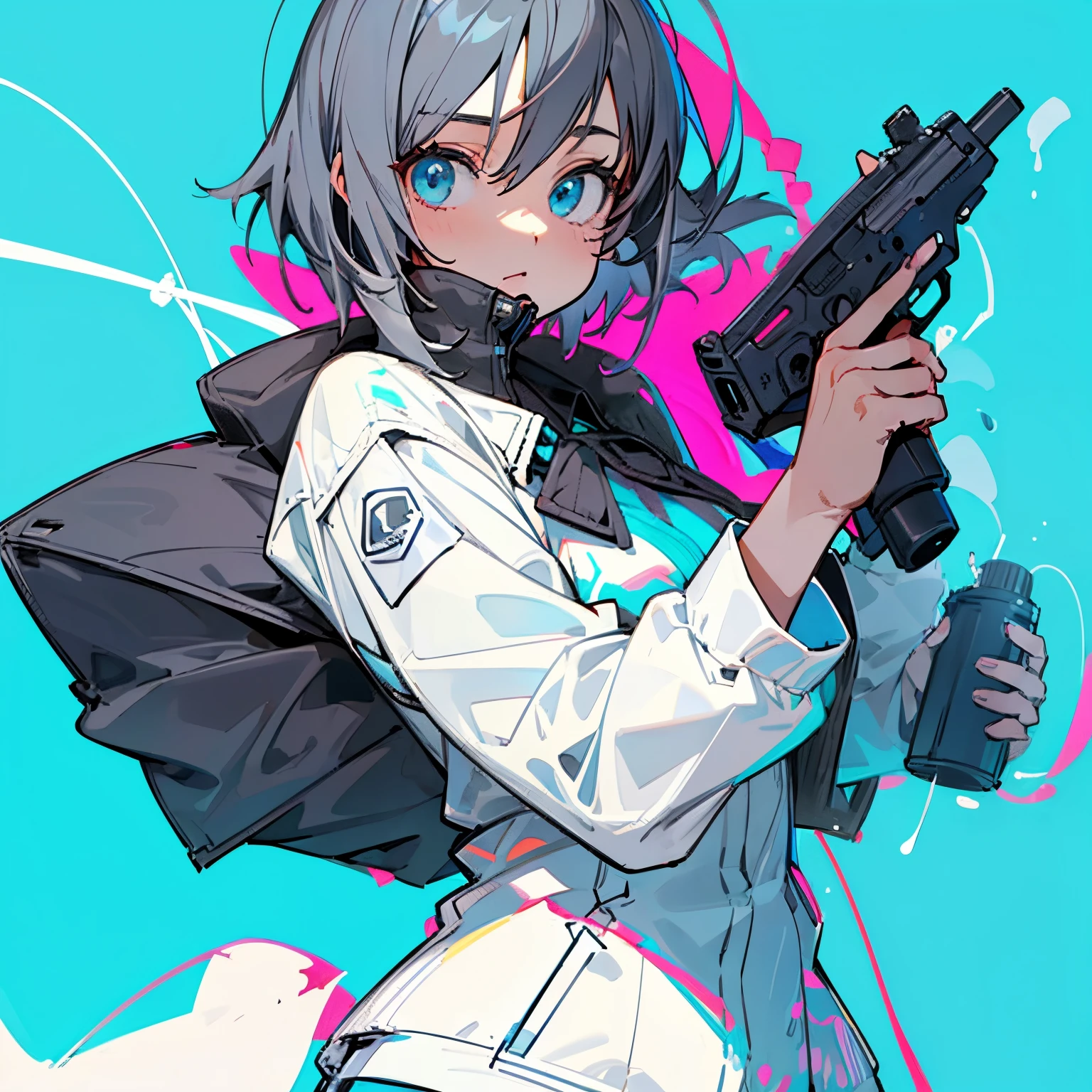 (masutepiece:1.2, Best Quality), [1 girl in, expressioness, Turquoise eyes, jet-black hair,half short hair, White jacket, Jacket is taken off, Black inner,Model Posing, Upper body] (Gray white background:1.7),gun,pistol