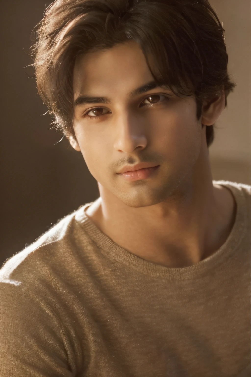 Create a boy named "Aarav Khanna" age 22 Cinematic soft lighting illuminates a beautiful young mumbai rich male model with stunning and ultra-realistic detailull-length photo of the front，beautiful look，Disheveled short brown hair，Clear Honey Eyes，Perfect Charming Smile，Sexually Created，Hot Man，Insanely beautiful，This the ArtStation trend。Octane the perfect tool to capture the finest details of this 16-carat photographic masterpiece。