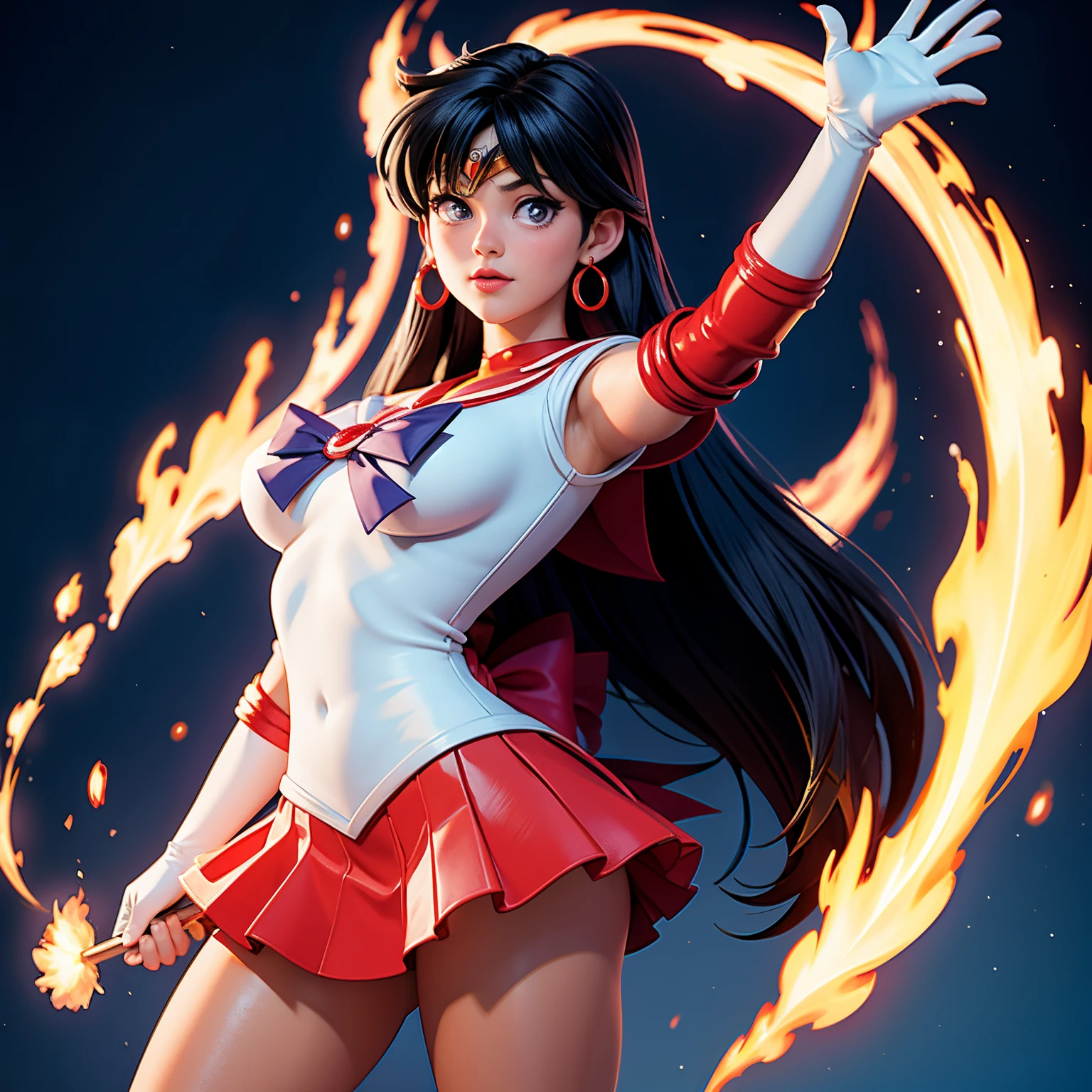 Sailor moon, red mini skirt, white gloves, red elbow gloves, vinyl outfit, black hair, small breast, curvy body, full lips, detailed face, perfect eyes, detailed hands, light background, mix of fantasy and realistic elements, uhd picture , crystal translucency, dynamic pose, iconic pose, action pose, lot of sweat, ((masterpiece, best quality)), cinematic lighting, professional lighting, lens flare, goddess of fire, sailor mars, rei hino, standing in front of japanese temple, Masterpiece,sailor mars