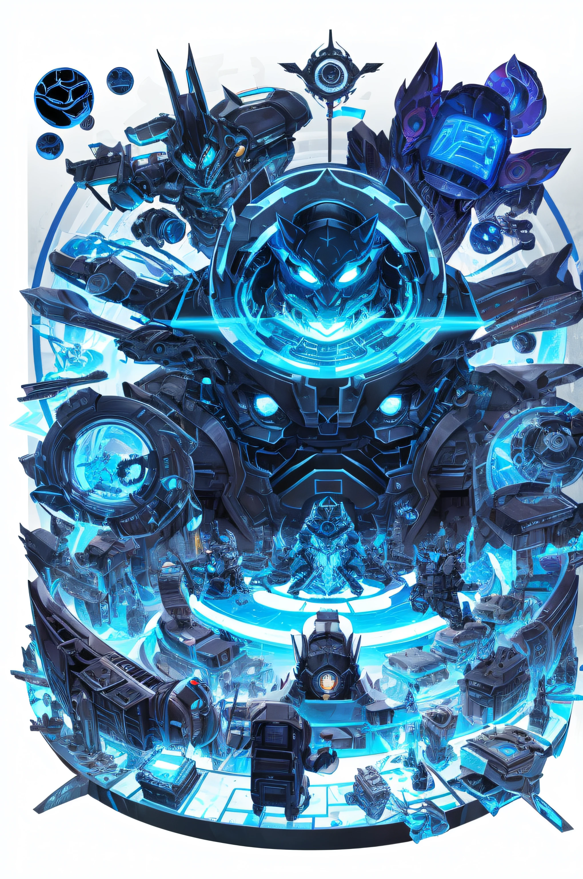 Image of black and blue monster with blue eyes, mysterious blue circuit, scribbles, Shihara, unknown artstyle, Faceless mechanical cat from the void, The demons, Weird core voidpunk beast, Geng ghost, Ghastly, Demon cat, Elokiti, cytus and deemo styles,(tmasterpiece,Best quality)Detailed pubic hair,People table,character sheets,Lots of items(+Detailed pubic hair,many parts),+Role description,be full of details,only one,Mechanical style,inorganic, round form,inorganic,Cute big breasts,,،