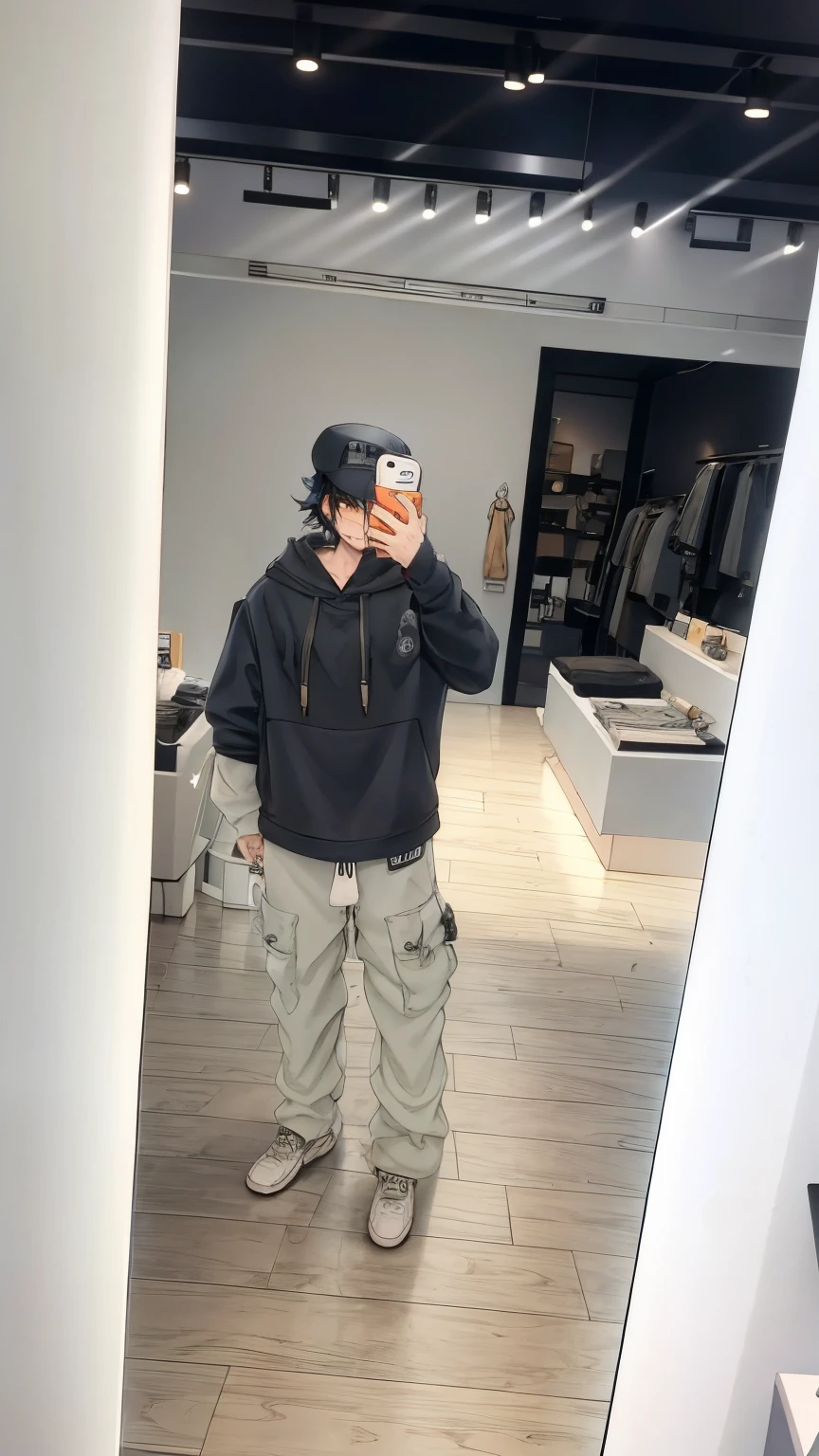 there is a man taking a selfie in the mirror, wearing a Pescador 🧥, wearing a hoodie and sweatpants, wearing an oversized hoodie, vestindo um baggy, with hood, using cocoa, trending on r/streetwear, P. j. n, 18 anos, using a hood, loose clothes and hat, Cai Xukun, altamente reflexivo