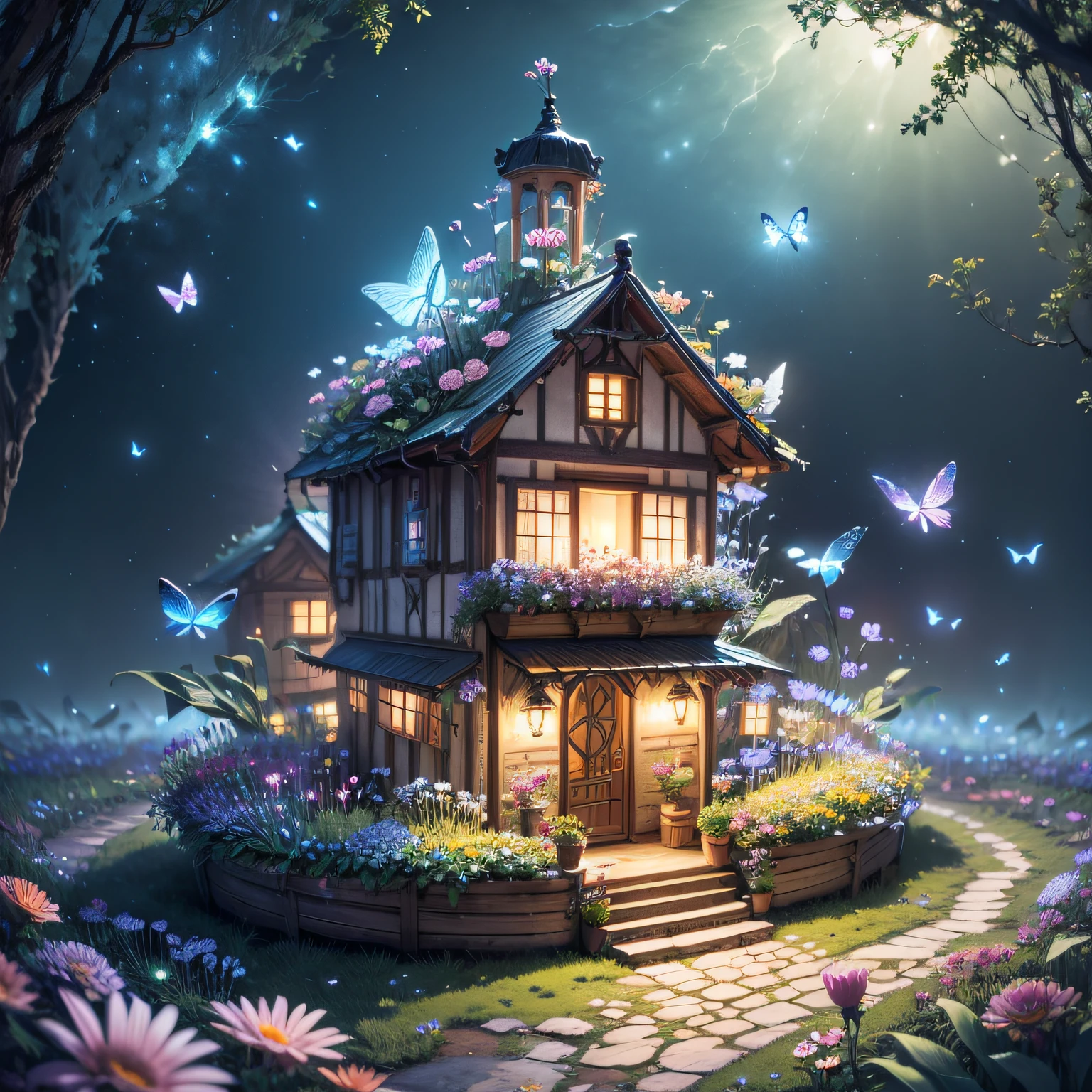 Fairy Village, Blossoms、butterflies are flying everywhere, There are lots of flowers on the roof too, carismatic, brilliance, mystery, Soft lighting, (masutepiece), (Best Quality), (ultra high detail)