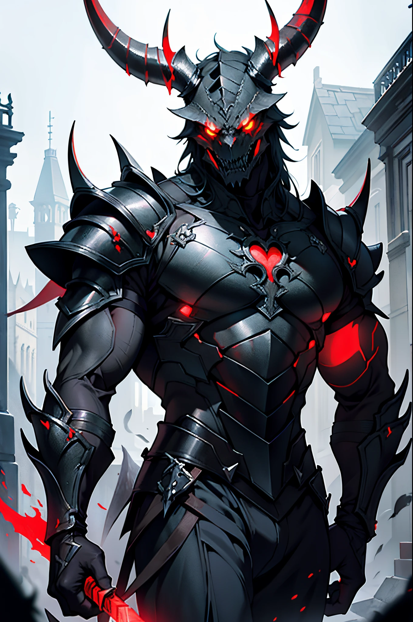 masterpiece:1.4, the demonic male entity, 1male, stone armour, fully armoured, standing with hands open wide, muscular, slender body, scaly skin, portrait, prefect qulity, extreamly detailed, dark mist around, dark background, glowing eyes, sharp teeth, monster, thorny, huge straight horns, heart glowing red from the inside, red and black skin, horrifingm, horror, hell