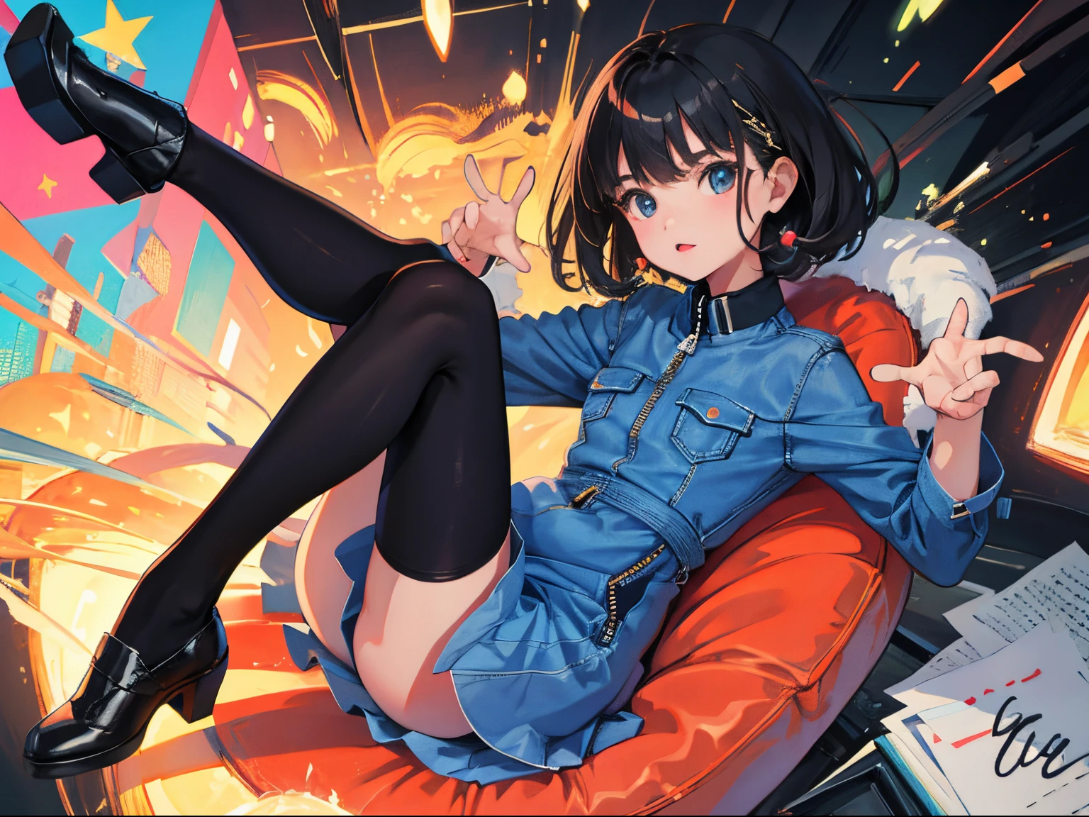 (one children),(masterpiece,Highest Quality),(denim zip up dress:1.4),A dark-haired,Black tights