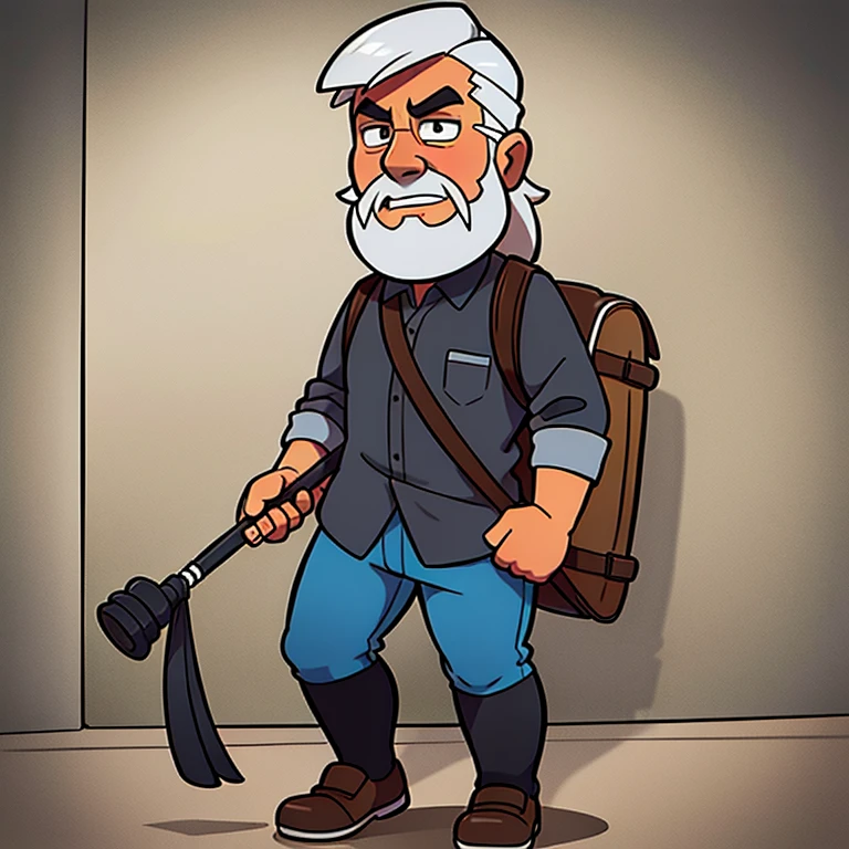 full body, Professor Teyler (old male, walking cane in hand, gray beard, gray hair, adventurer backpack), with solid background