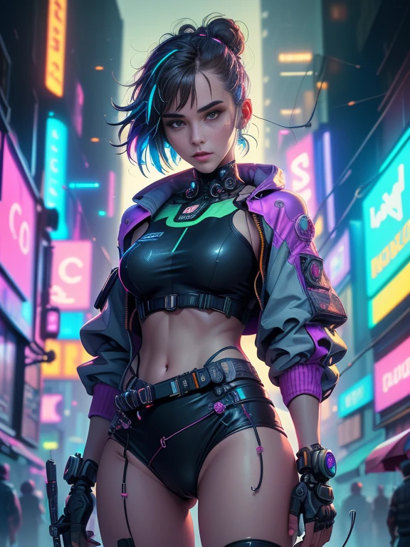 ((Masterpiece stunning Anime illustration)), ((beautiful cybernetic Cyberpunk girl)), ((highly detailed face)), ((fringe and bangs hairstyle)),, (((mechanical limb, mechanical vertebrae))), ((mechanical cervical attaching to neck)), (wires and cables attaching to neck:1.2), ((mass of wires and cables on head)), ((wearing colorful Harajuku tech jacket with logo)), (dynamic pose), ((cowboy shot)), (masterpiece), (((best quality))), ((ultra-detailed)), (highly detailed illustration), cinematic lighting, science fiction, extremely detailed,colorful,highest detail, (((cyberpunk city background, (Blade Runner), Harajuku district))), ((NSFW))