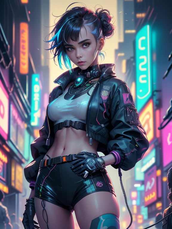 ((Masterpiece stunning Anime illustration)), ((beautiful cybernetic Cyberpunk girl)), ((highly detailed face)), ((fringe and bangs hairstyle)),, (((mechanical limb, mechanical vertebrae))), ((mechanical cervical attaching to neck)), (wires and cables attaching to neck:1.2), ((mass of wires and cables on head)), ((wearing colorful Harajuku tech jacket with logo)), (dynamic pose), ((cowboy shot)), (masterpiece), (((best quality))), ((ultra-detailed)), (highly detailed illustration), cinematic lighting, science fiction, extremely detailed,colorful,highest detail, (((cyberpunk city background, (Blade Runner), Harajuku district))), ((NSFW))
