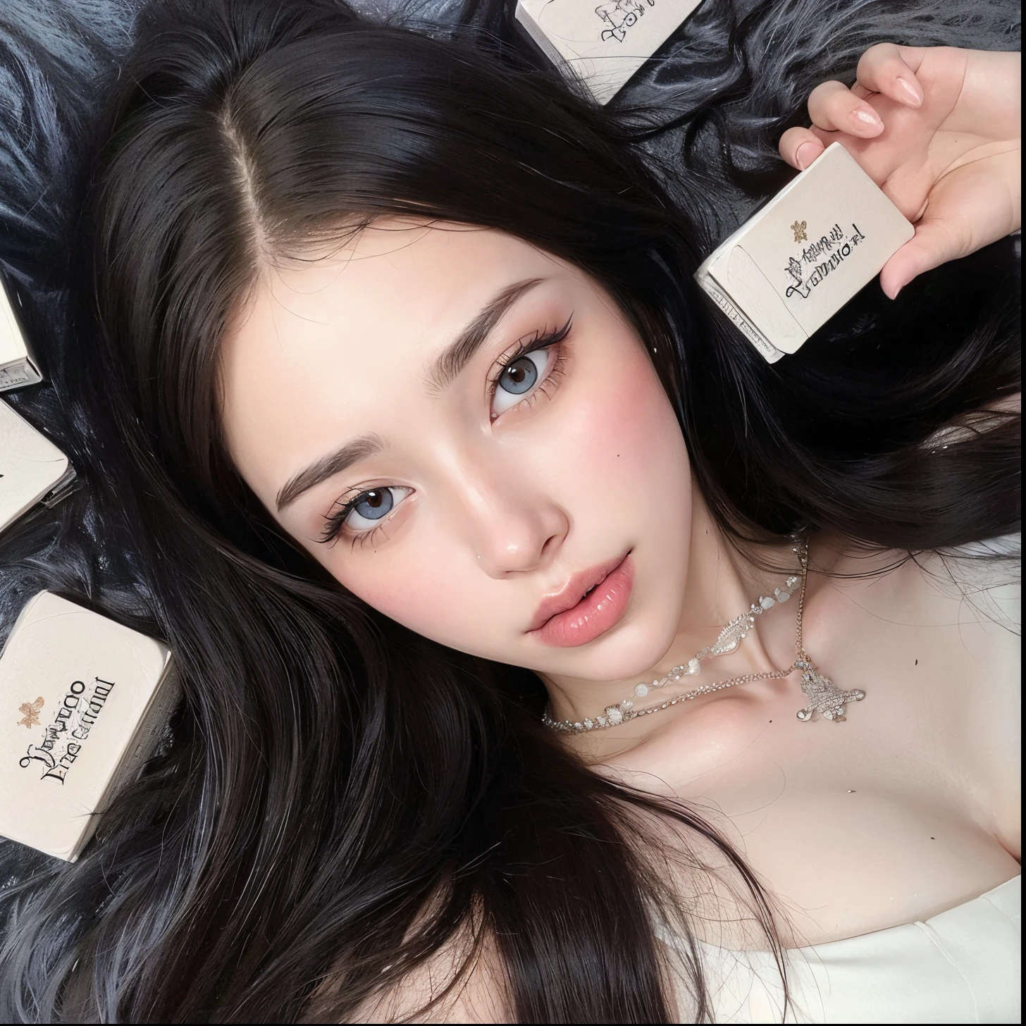 tem uma mulher deitada em um tapete de pele com muitas etiquetas, pale porcelain white skin, maquiagem sul-coreana popular, dilraba dilmurat, pale snow white skin, maquiagem coreana popular, porcelana pele branca, linda Delphine, clear lips and high quality, porcelain pale skin, pale milky white porcelain skin, ava max, pale ivory skin, maquiagem