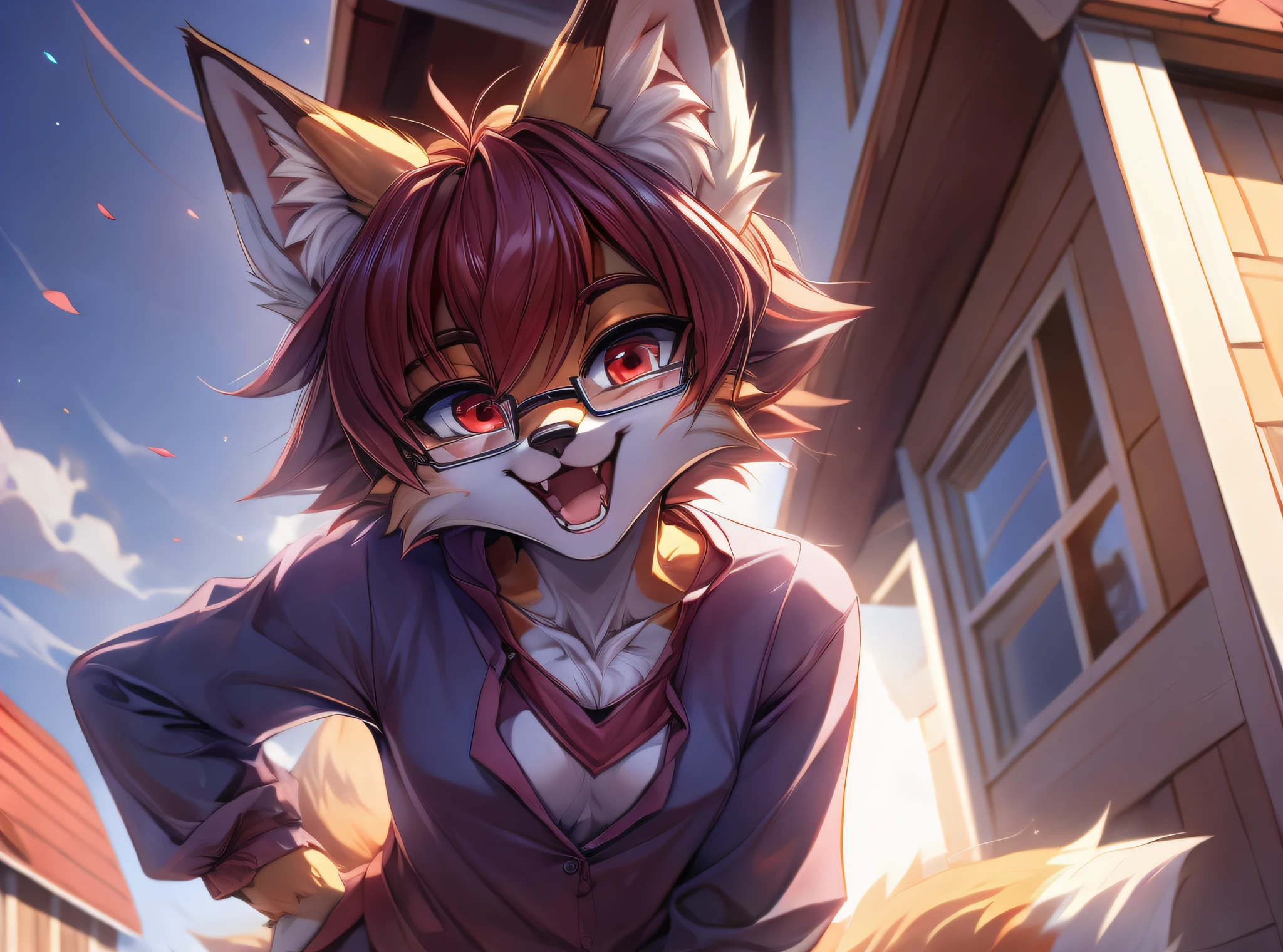 fox furry girl with short red hair, fluffy hair shy, beautiful red eyes, wearing glasses, very fluffy tail, small chest, 17 years old, happy , closed mouth, young body, feeling Good, wearing a cute purple modest cute outfit, leaning over, hands on hips, in a in front of a house, being adorable, proud girl, wanting to be loved, low perspective