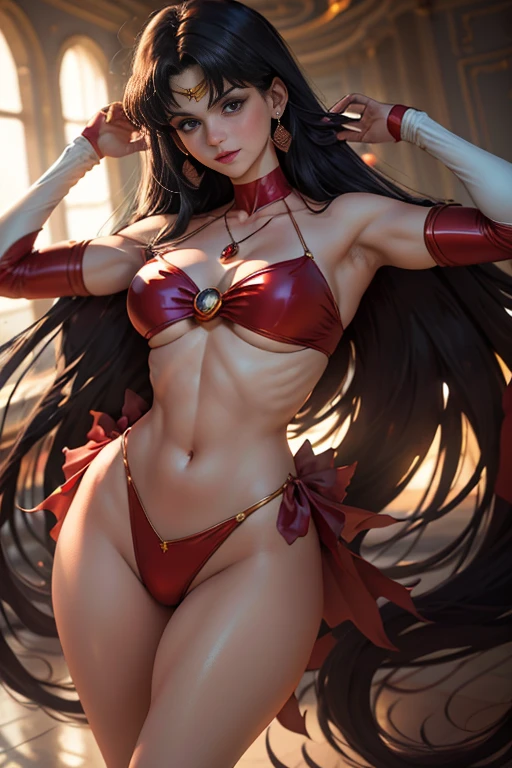Sailor mars, 3d, Realistic, Ultra Micro Foto, Qualidade Superior, ultra detalhado CG unidade 8k papel de parede, de baixo, detalhes intrincados, (1 female), 18 anos, (Sama1, tiara, Uniforme de Guerreiro Marinheiro, luvas brancas, colar de marinheiro vermelho, saia vermelha, Uniforme de Guerreiro Marinheiro: 1.2, Marinheiro Marte: 1.2, Meishaonv), cabelos pretos arroxeados incrivelmente longos e lisos: 1.2, cabelo longo, liso, lindo e brilhante: 1.2, revelando uniforme de guerreiro marinheiro, vermelho carmesim brilhante Sexy plissado mini saia: 1.3, (arco roxo muito grande no centro do peito: 1.4, tiara dourada na testa: 1.5, luvas vermelhas nos cotovelos: 1.1, bare arms: 1.1, Botas longas de cano alto em esmalte vermelho brilhante com luxuosos enfeites dourados: 1.3, gola vermelha carmesim larga saturada, Colar de marinheiro vermelho carmesim saturado, Long white latex gloves with luxurious golden decoration: 1.3, very large red bow behind the waist: 1.1, gargantilha vermelha, decote parece sexily boldly grande, brincos vermelhos em forma de estrela)), SMMarz
Hair that too long, franja separada, ((sorriso sedutor, cara muito bonita, detalhes do rosto: 1.5, olhos roxos brilhantes, beautiful face, Olhos bonitos, olhos brilhantes)), Joias de ouro de luxo, Slender and bold and sexy gravette swimsuit, (postura de combate), thin and muscular muscles, abdominais musculosos, Rosto pequeno, Seios enormes, perfectly proportions, cintura fina, pose de modelo sexy, visible pores, perfect hands: 1.5, octane rendering, very dramatic images, Luz natural forte, sunlight, exquisite lighting and shadows, Dynamic angle