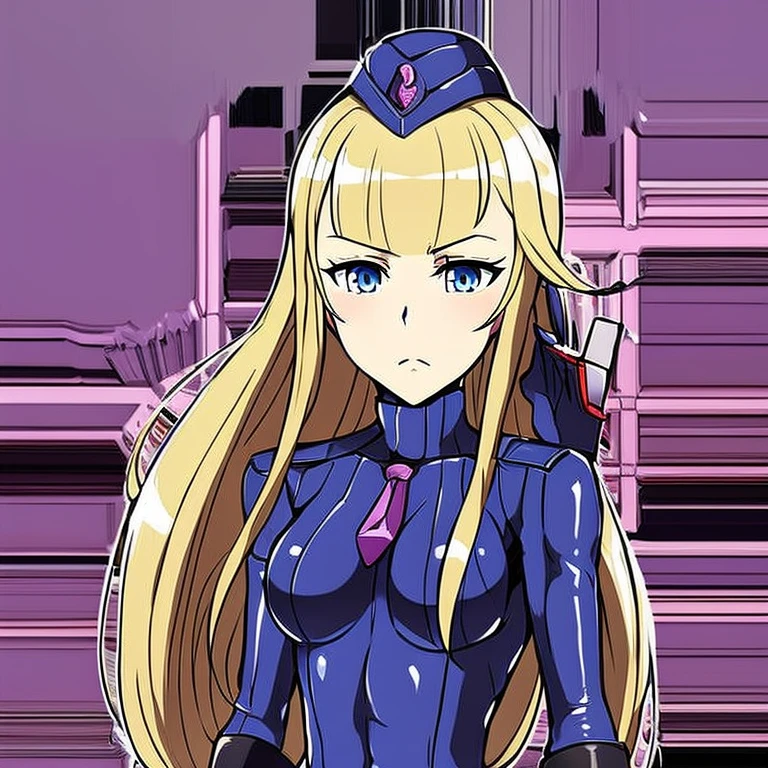 Masterpiece, Best Quality, Highly detailed, illustration, absurdres, street fighter, princess principal, princess charlotte, charlotte, princess, blue eyes, doll suit, shadaloo doll, nazi salute, military, military salute, blonde-hair, 1 girl, solo, expressionless, emotionless eyes, looking at viewer, red gloves, emotionless, black latex, corrution, zofa suit, zofa soldier, mind control, female combatant