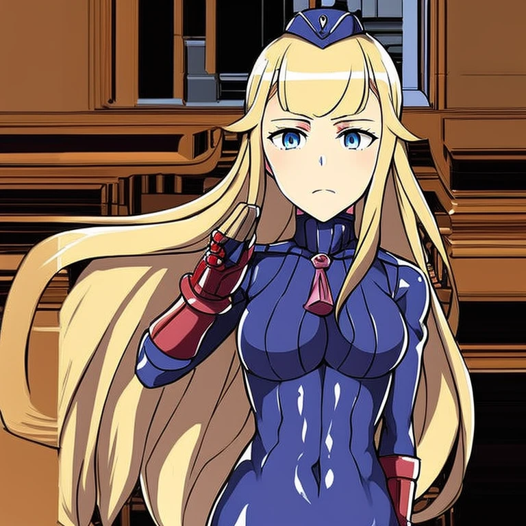 Masterpiece, Best Quality, Highly detailed, illustration, absurdres, street fighter, princess principal, princess charlotte, charlotte, princess, blue eyes, doll suit, shadaloo doll, nazi salute, military, military salute, blonde-hair, 1 girl, solo, expressionless, emotionless eyes, looking at viewer, red gloves, emotionless, black latex, corrution, zofa suit, zofa soldier, mind control, female combatant