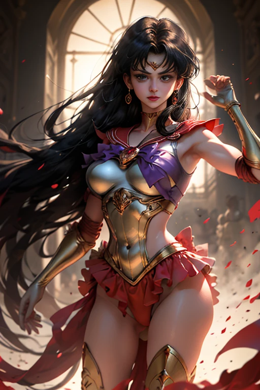 Sailor mars, 3d, Realistic, Ultra Micro Foto, Qualidade Superior, ultra detalhado CG unidade 8k papel de parede, de baixo, detalhes intrincados, (1 female), 18 anos, (Sama1, tiara, Uniforme de Guerreiro Marinheiro, luvas brancas, colar de marinheiro vermelho, saia vermelha, Uniforme de Guerreiro Marinheiro: 1.2, Marinheiro Marte: 1.2, Meishaonv), cabelos pretos arroxeados incrivelmente longos e lisos: 1.2, cabelo longo, liso, lindo e brilhante: 1.2, revelando uniforme de guerreiro marinheiro, vermelho carmesim brilhante Sexy plissado mini saia: 1.3, (arco roxo muito grande no centro do peito: 1.4, tiara dourada na testa: 1.5, luvas vermelhas nos cotovelos: 1.1, bare arms: 1.1, Botas longas de cano alto em esmalte vermelho brilhante com luxuosos enfeites dourados: 1.3, gola vermelha carmesim larga saturada, Colar de marinheiro vermelho carmesim saturado, Long white latex gloves with luxurious golden decoration: 1.3, very large red bow behind the waist: 1.1, gargantilha vermelha, decote parece sexily boldly grande, brincos vermelhos em forma de estrela)), SMMarz
Hair that too long, franja separada, ((sorriso sedutor, cara muito bonita, detalhes do rosto: 1.5, olhos roxos brilhantes, beautiful face, Olhos bonitos, olhos brilhantes)), Joias de ouro de luxo, Slender and bold and sexy gravette swimsuit, (postura de combate), thin and muscular muscles, abdominais musculosos, Rosto pequeno, Seios enormes, perfectly proportions, cintura fina, pose de modelo sexy, visible pores, perfect hands: 1.5, octane rendering, very dramatic images, Luz natural forte, sunlight, exquisite lighting and shadows, Dynamic angle