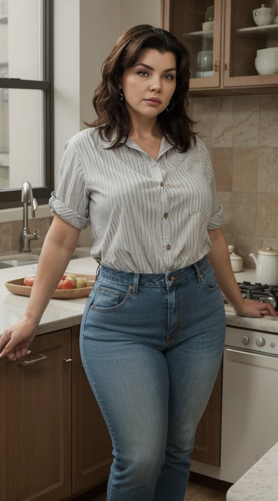 arafed woman standing in a kitchen with a bowl of fruit on the counter, hyperrealistic full figure, full - bodied portrait, a portrait of a plump woman, full figured middle aged housewife, plus size woman, thicc, 50 year old woman, widest hips, fat woman, large thighs, mirka andolfo-sherilyn fenn-cassandra peterson merged, entire body visible, wearing high waistedjeans and a striped collard shirt, karen, mean look on her face, disgusted look on her face, aged face and skin, no makeup