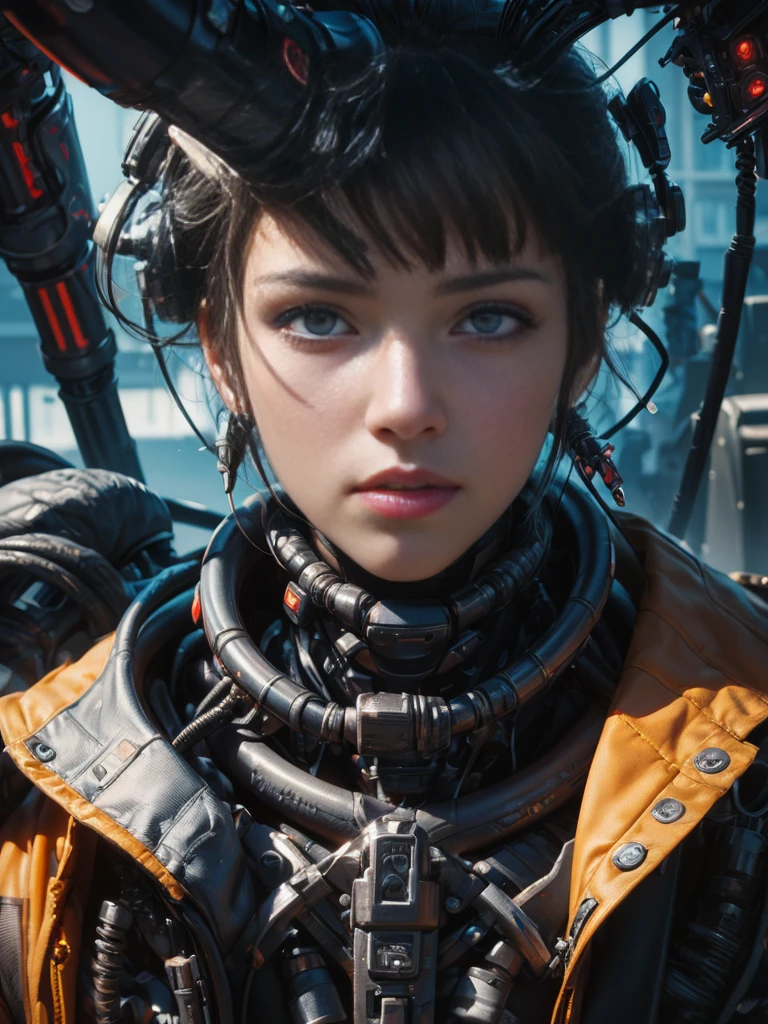 ((Masterpiece stunning Anime portrait illustration)), ((beautiful cybernetic Cyberpunk girl)), ((highly detailed face)), ((fringe and bangs hairstyle)), (((mechanical limb, mechanical vertebrae))), ((close up portrait)), ((mechanical cervical attaching to neck)), (wires and cables attaching to neck:1.2), ((mass of wires and cables on head)), ((wearing colorful Harajuku tech jacket with logo)), (dynamic pose), (masterpiece), (((best quality))), ((ultra-detailed)), (highly detailed illustration), cinematic lighting, science fiction, extremely detailed,colorful,highest detail