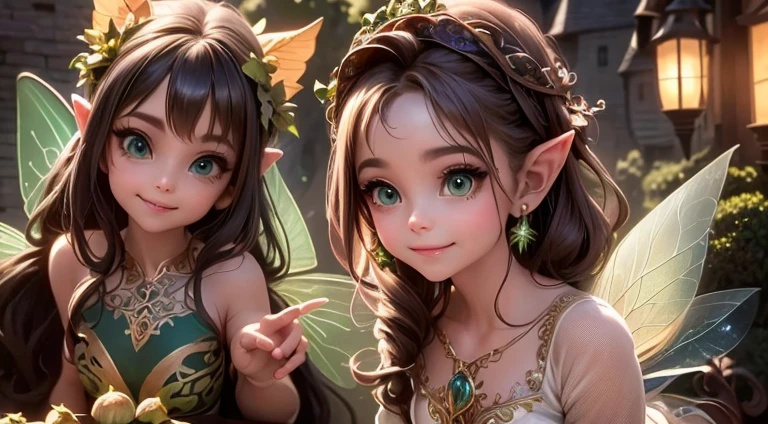 masterpiece, best quality, detailed eyes, a cute ((fairy)) smiling looking at a magical village (intense green smokey eyes makeup), (pointy ears), (fairy sleveless dress), (leafy dress), traslucent fairy wings), large eyelashes, fantasy magical (village at night), (night scene), (magical lanterns), Cinematic Light, Ray tracing, Depth of field, light source contrast,