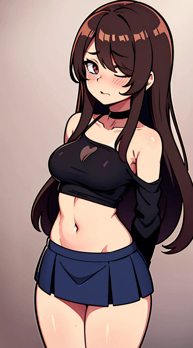 Brown_long_hair, 1girl, hair_over_one_eye, blush_on_cheeks, nipple outlines, excited, embarased, ashamed, shy, turned_on, black_choker, red_shoulder-length_shirt, open_shoulders, open_breasts, tiny_blue_skirt, perfect_quality, perfect_high_resolution, massive_sexy_breasts, sexy_young_girl, best noise removal, groin exposed