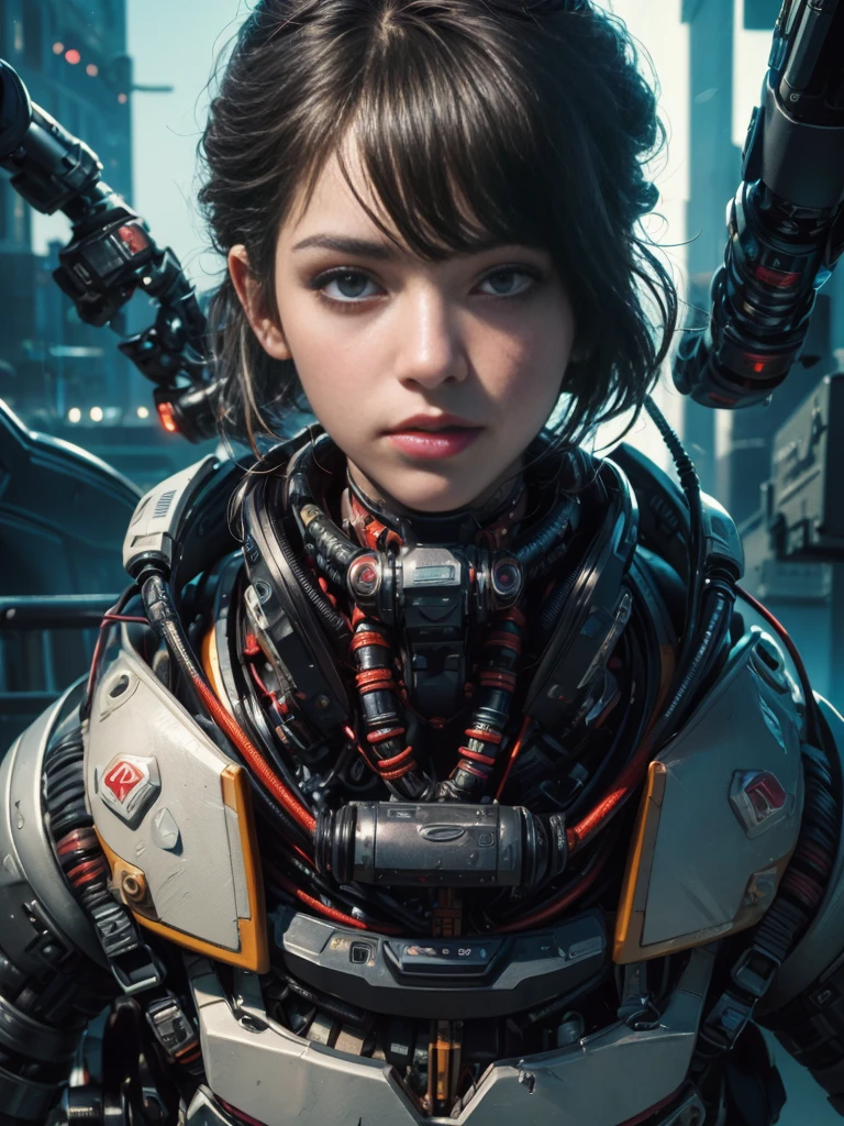 ((Masterpiece stunning Anime portrait illustration)), ((beautiful cybernetic Cyberpunk girl)), ((highly detailed face)), ((fringe and bangs hairstyle)), ((close up portrait)), ((mechanical cervical attaching to neck)), (wires and cables attaching to neck:1.2), ((mass of wires and cables on head)), ((wearing colorful Harajuku tech jacket with logo)), (((dynamic pose))), (masterpiece), (((best quality))), ((ultra-detailed)), (highly detailed illustration), cinematic lighting, science fiction, extremely detailed,colorful,highest detail