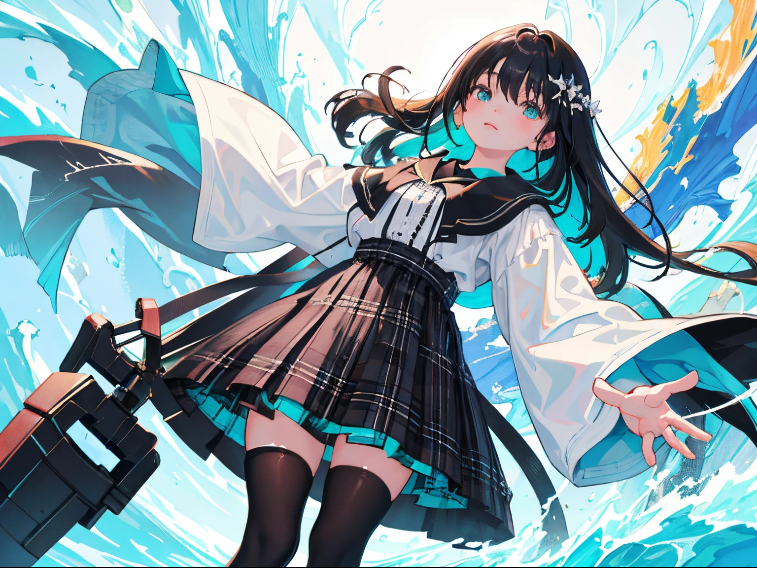 (child),(masterpiece,Highest Quality),Black tights,(turquoise plaid skirt),White blouses,A dark-haired,lake