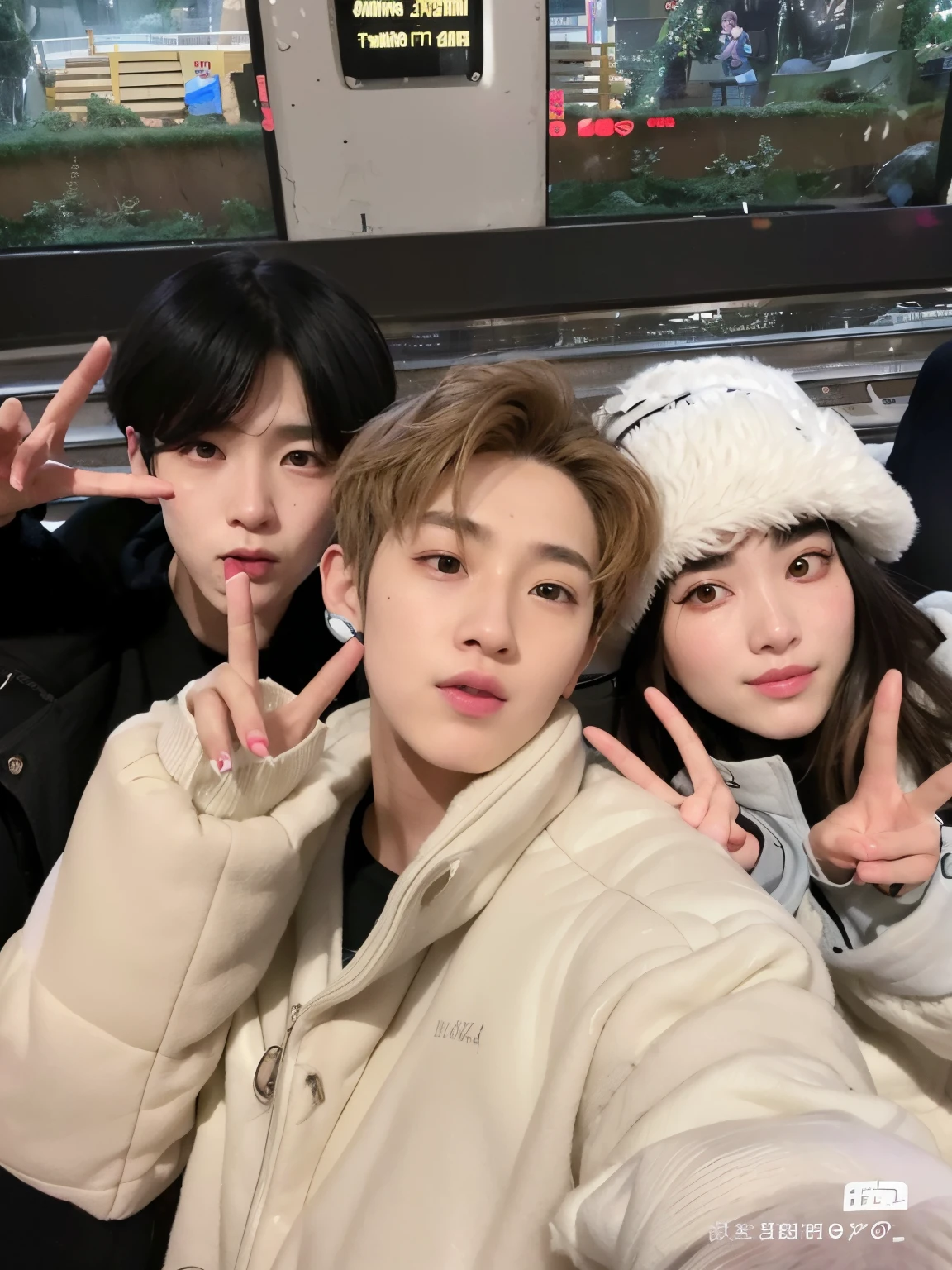 Hay tres personas posando juntas para una foto en un tren., Todos del grupo NCT, Cai Xukun, Kim Doyoung, Jinyoung Shin, frio como ! 🧊, (3 son invierno, ulzzang, Wan adorable cara coreana, Jaeyeon Nam, con dos personajes, foto de perfil, inspirado por Bian Shoumin, son hermanos