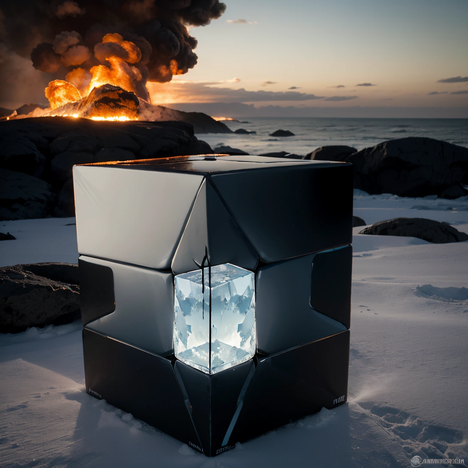 Imagem minimalista, giant two-dimensional cube divided between ice and fire, o fogo aumentando , e o gelo derretendo, fundo branco, 16k, realista, realistic dash