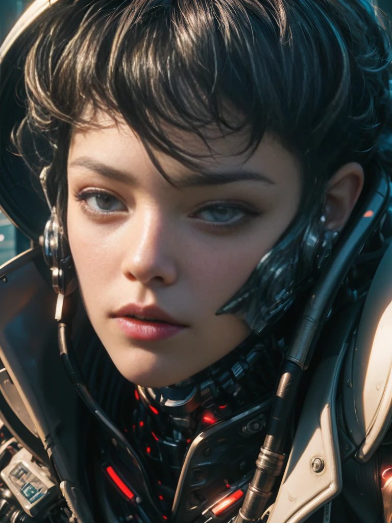 ((Masterpiece stunning Anime portrait illustration)), ((beautiful cybernetic Cyberpunk girl)), ((highly detailed face)), ((fringe and bangs hairstyle)), ((extreme close up portrait)), (looking to side), ((mechanical cervical attaching to neck)), (wires and cables attaching to neck:1.2), ((mass of wires and cables on head)), ((wearing colorful Harajuku tech jacket with logo)), (((dynamic pose))), (masterpiece), (((best quality))), ((ultra-detailed)), (highly detailed illustration), cinematic lighting, science fiction, extremely detailed,colorful,highest detail