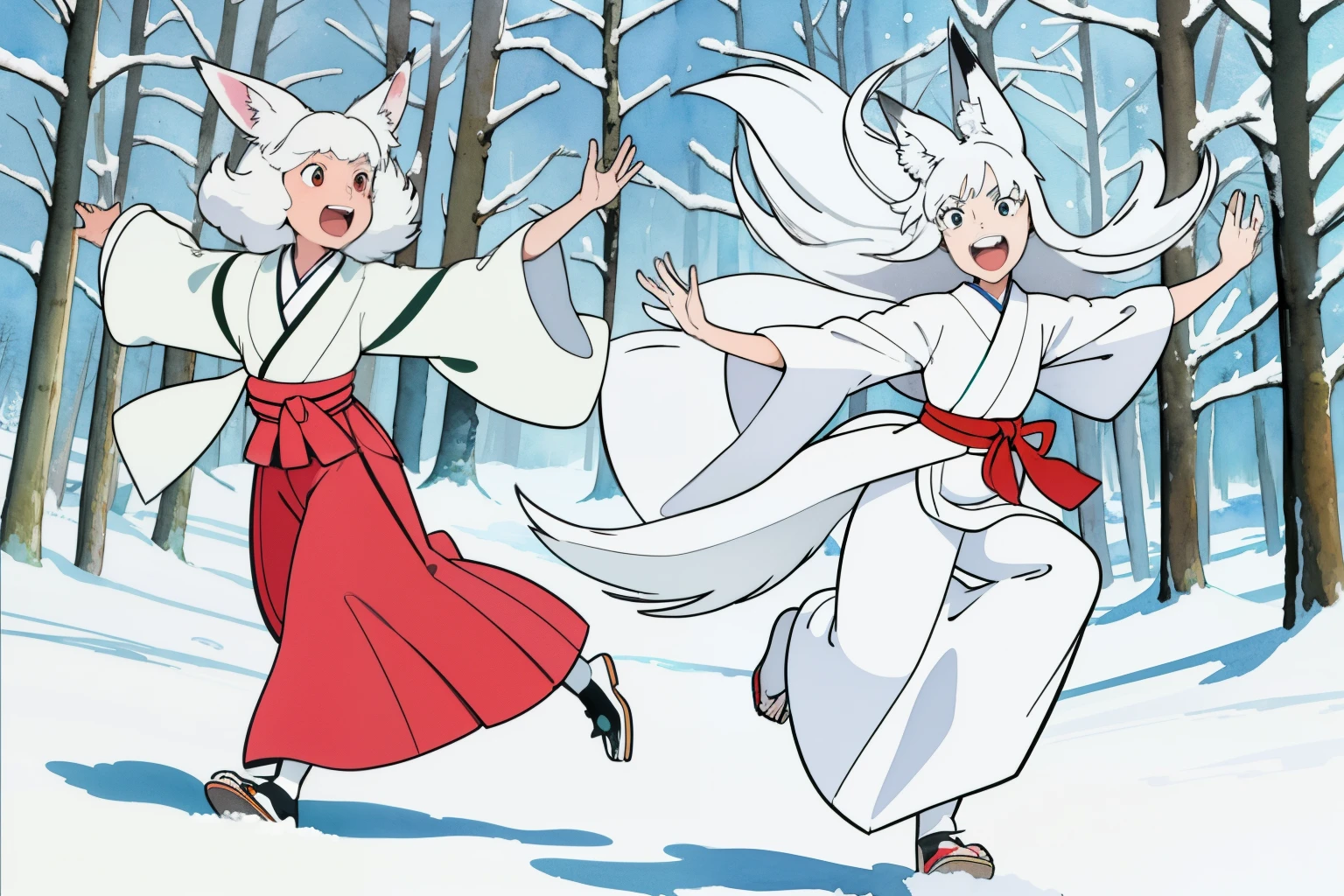 (superflat, flat shading, flat colors), 2girls, , young teenhite fox ears), white hair, long hair, (white ornate kimono), small breast, topless, nipple, running, play, laugh, fun, dynamic pose, winter forest, snow, bright, wide angle, vibrant colors, watercolor, ghibli style