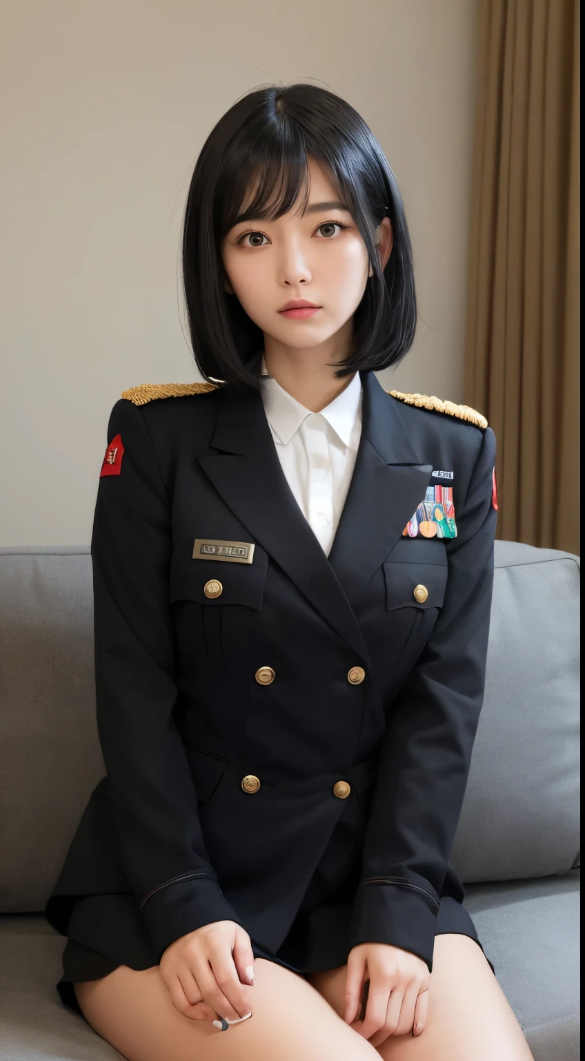 Image of a Japanese woman wearing 20REAK,
A woman has an,She is a woman who exudes a cool atmosphere..。 
BREAK,
(A woman has an,in black military uniform。:1.5)
BREAK,
(Women's hair ,Her black hair is styled to shoulder length..。:1.5)
BREAK,
(In a room at a military base、Sitting on the sofa。:1.5)
A gaze that pierces the viewer。
BREAK,
About image quality、looks like a professional photo。