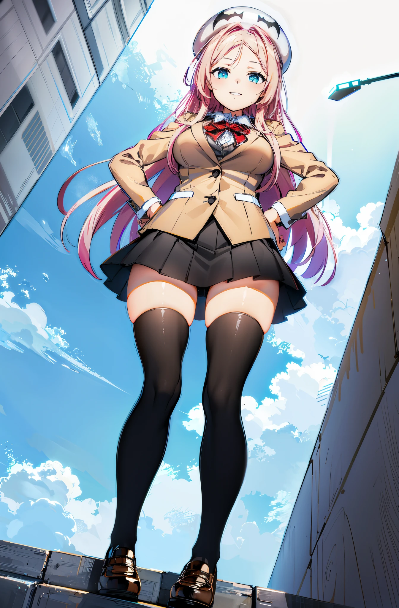 drakoi, 1girl, thighhighs, long hair, pink hair, school uniform, smile, hat, skirt, black thighhighs, large breasts, hand on hip, blazer, bow, fullbody, standing