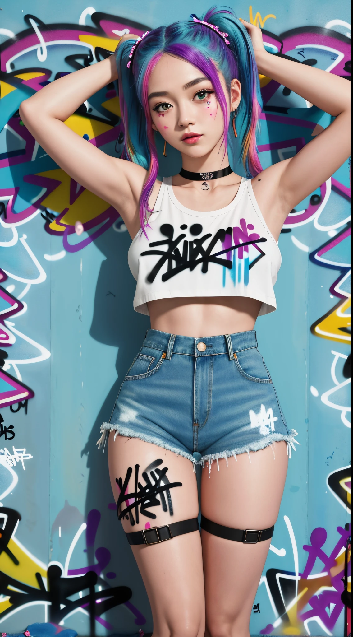 masterpiece, best quality, 1girl, solo, high pigtails, crop top, denim shorts, choker, (graffiti:1.5), paint splatter, arms behind back, against wall, looking at viewer, armband, thigh strap, paint on body, head tilt, bored, multicolored hair, aqua eyes, headset, full body, wide hips, Showing armpits, extreme beauty