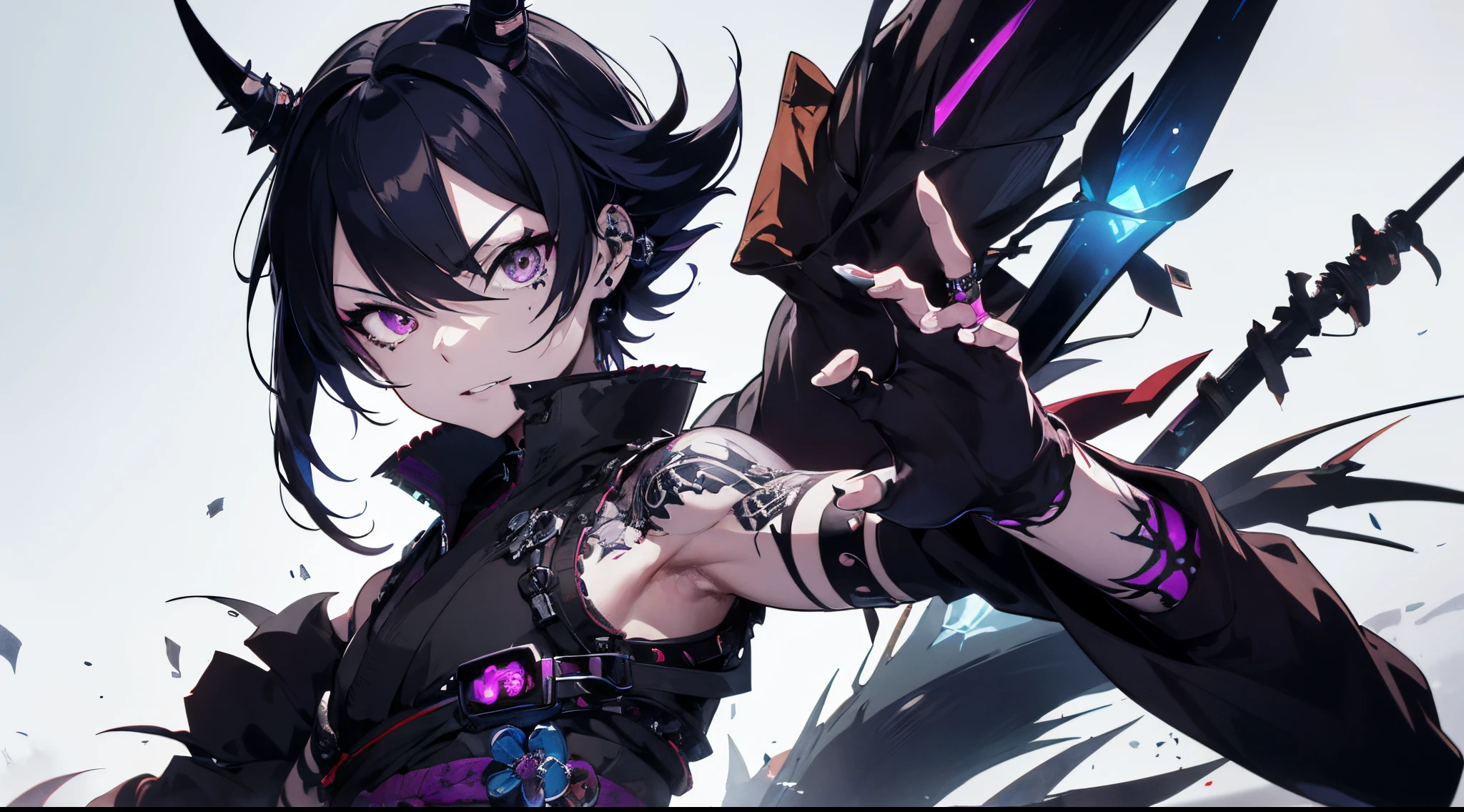 A samurai animé style tatoo of gothic male, drop cyber with vibrant Colors and a reference to my diabetic condition like a needle for exemple, punk spikes on wrist, futuristic half cyborg, Korean , only facing front,