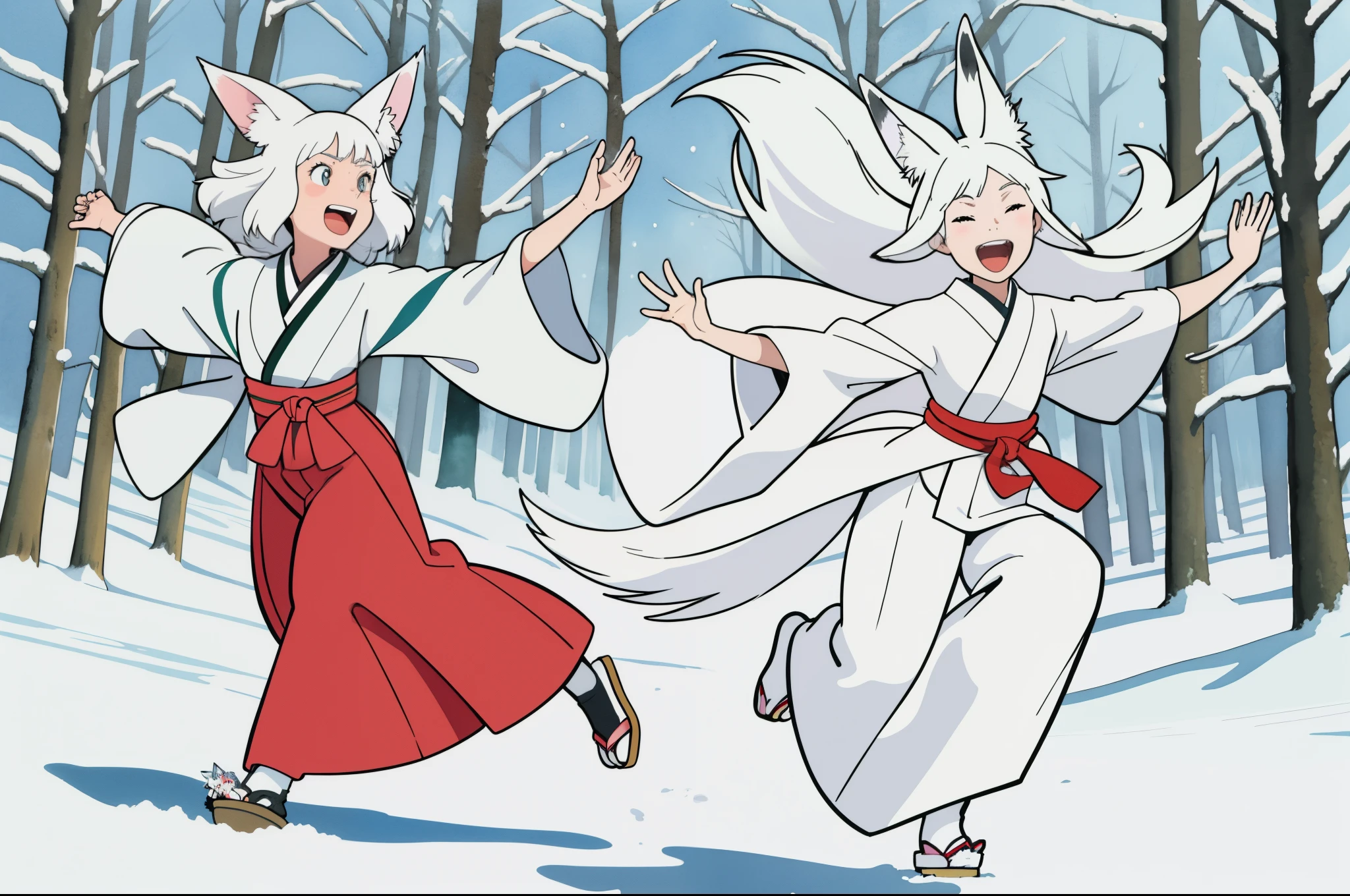 (superflat, flat shading, flat colors), 2girls, , (white fox ears), white hair, long hair, (white ornate kimono), small breast, topless, nipple, running, play, laugh, fun, dynamic pose, winter forest, snow, bright, wide angle, vibrant colors, watercolor, ghibli style