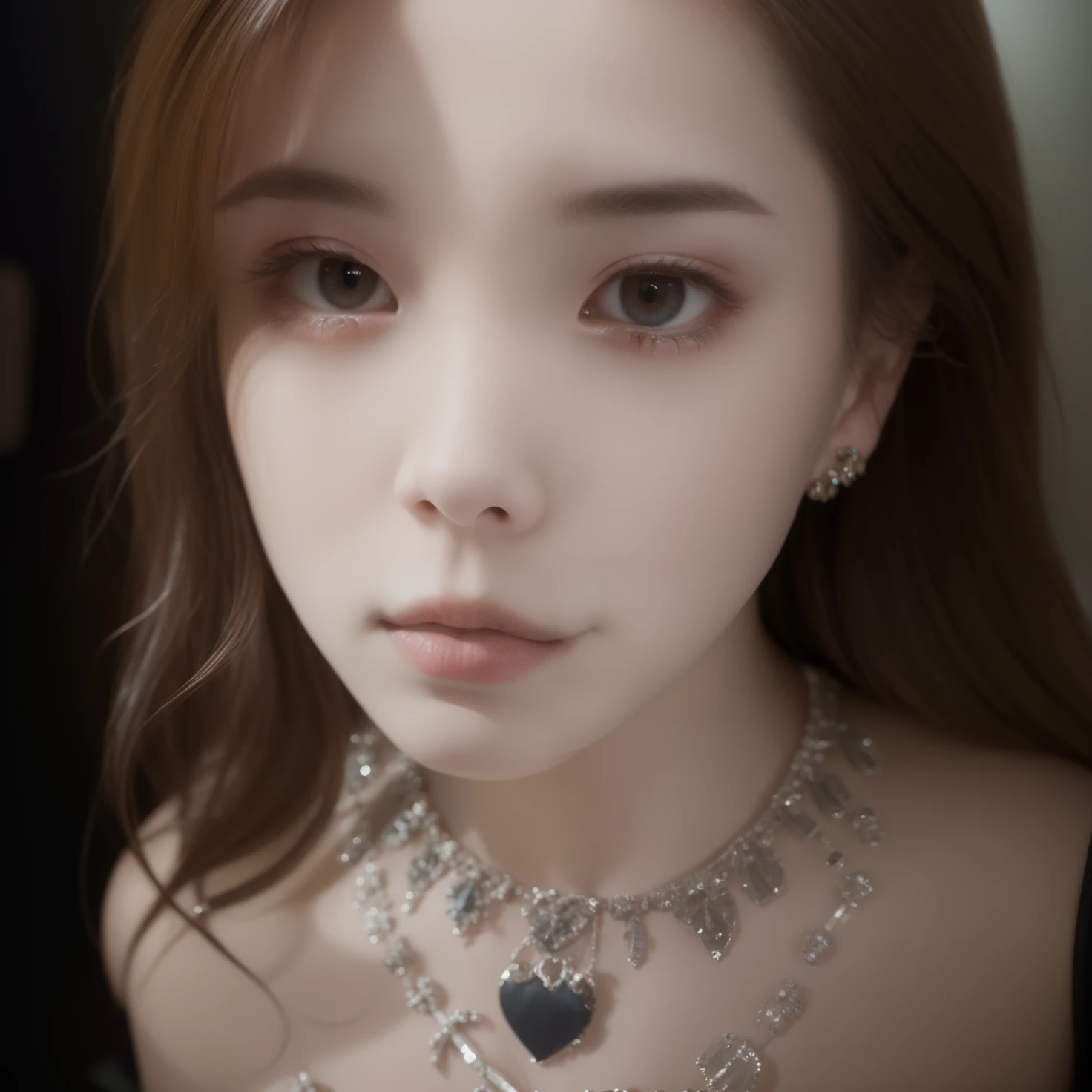 Un primer plano de una mujer con un collar y aretes, Sun Yunjoo, 8k selfie photograph, penetrantes ojos brillantes, Retrato de Jossi de Blackpink, Jinyoung Shin, cruel korean goth girl, con cabello largo y ojos penetrantes, Jossi de Blackpink, Kim Doyoung, Jisoo de Blackpink, Cara sexy con maquillaje completo, Tiene una mirada penetrante