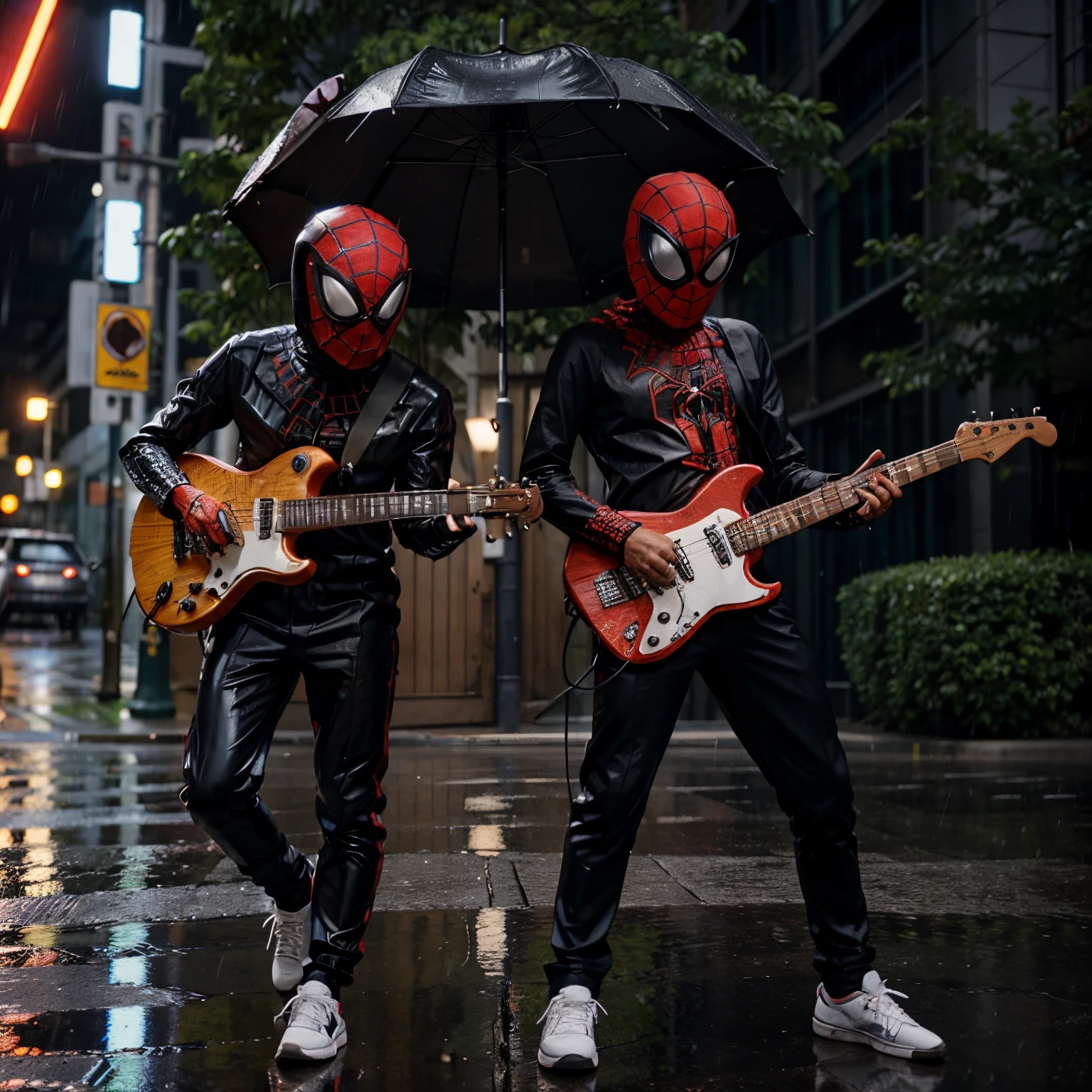 miles morales in his spider suit and hobie brown in his spider punk outfit both playing electric guitar in the rain