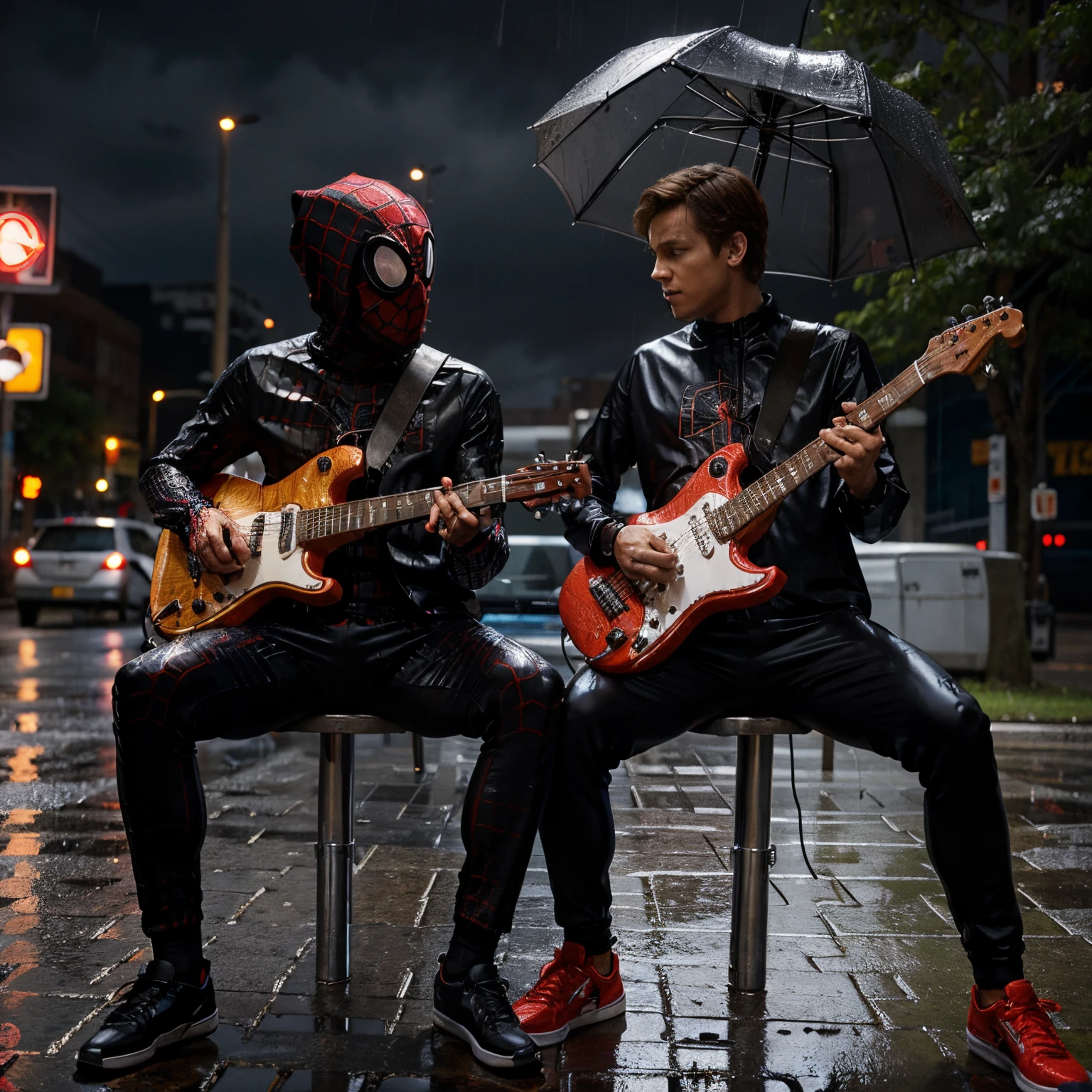 miles morales in his spider suit and hobie brown in his spider punk outfit both playing electric guitar in the rain