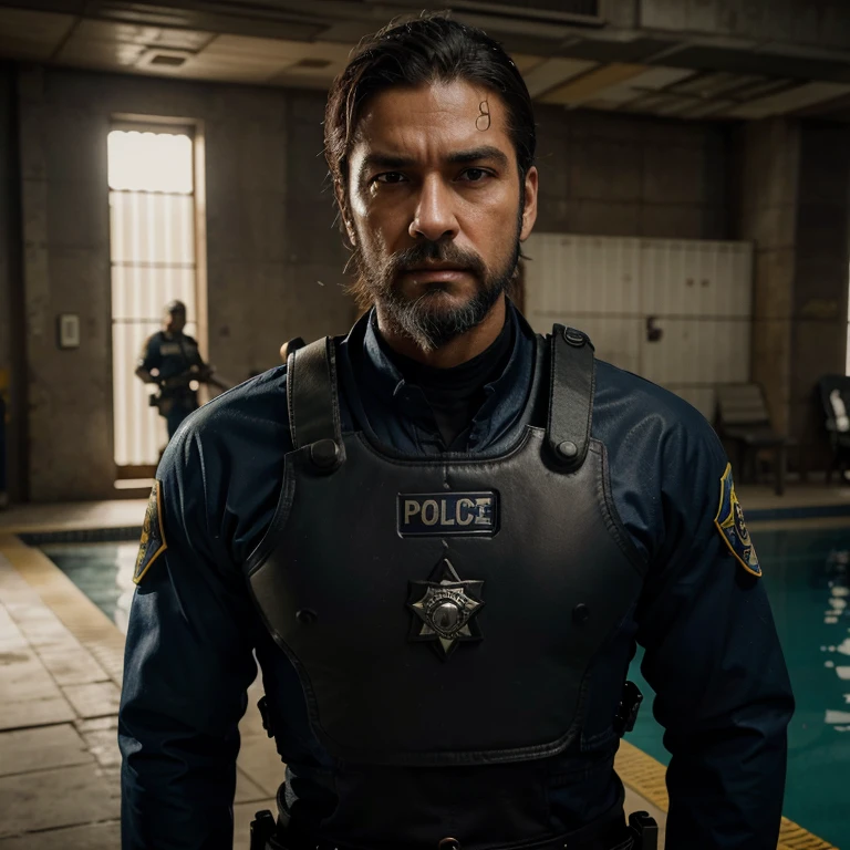Detective Silva, clad in his Brazilian police uniform, sternly grips a powerful metralhadora. In the gritty intensity of this CG unity artwork, he stands by a pool, focused and determined. The camera, distantly positioned, captures the detailed features of his weathered face, adorned with a distinguished white beard and hair. This photorealistic masterpiece by midjourney highlights the strength and resolve of a seasoned officer, trending on ArtStation and CGSociety as a symbol of law enforcement prowess.