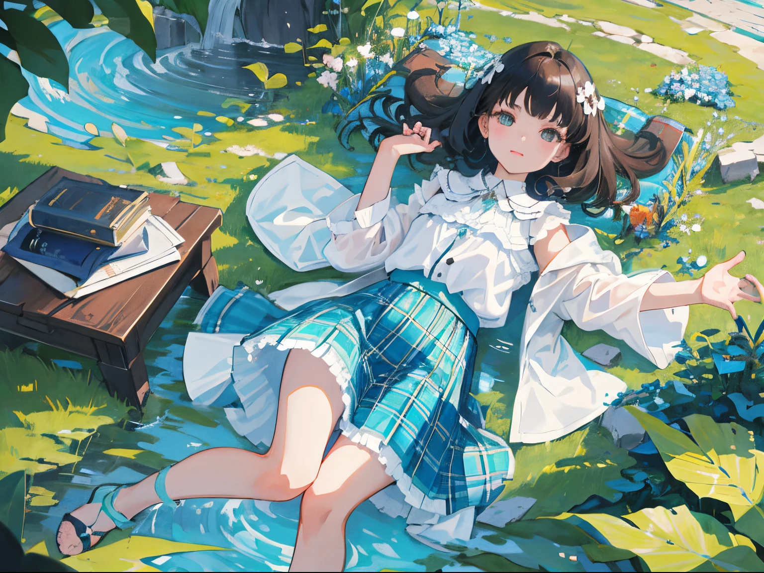 (child),(masterpiece,Highest Quality),(turquoise plaid skirt),White blouses,A dark-haired,lake