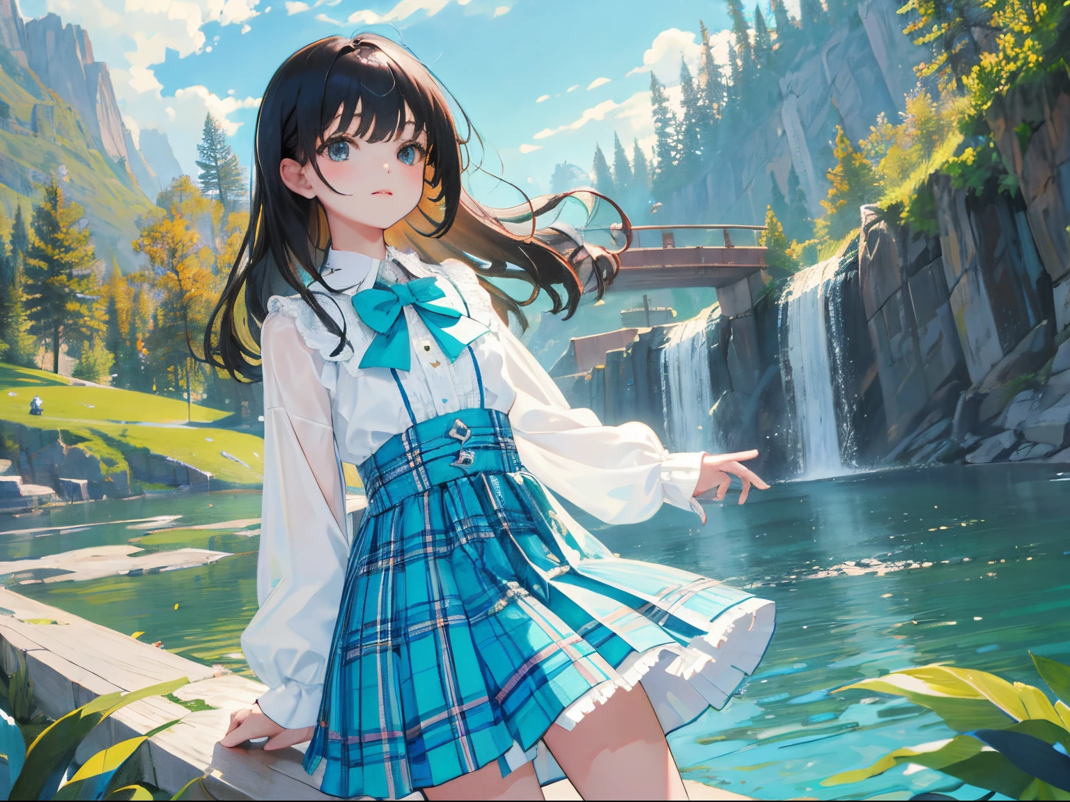 (),(masterpiece,Highest Quality),(turquoise plaid skirt),White blouses,A dark-haired,lake