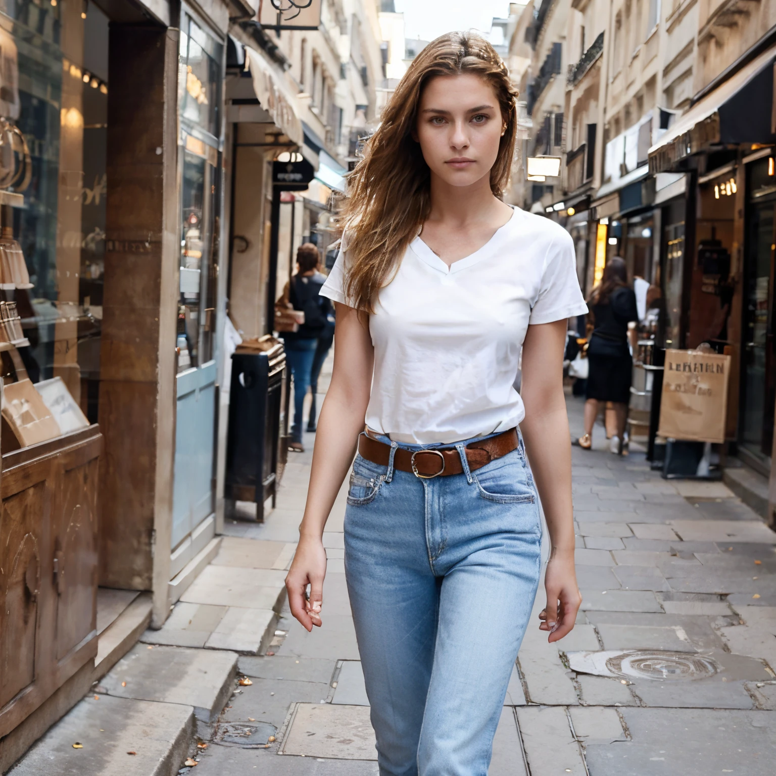Female supermodel walks along the streets of Paris. Brown belt. Brown shoes. White T-shirt. Light blue jeans.