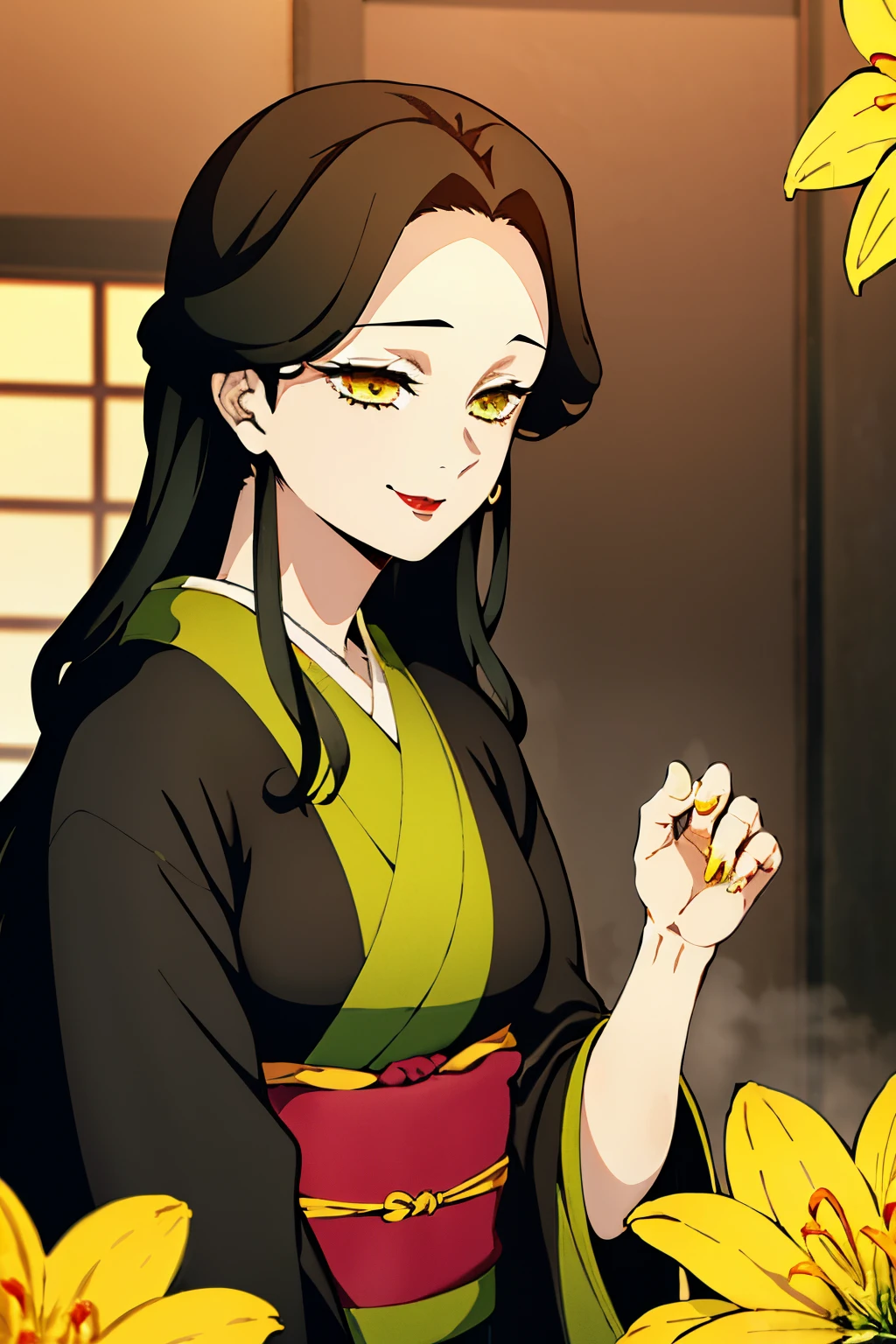 Middle Aged Woman, High, black  hair, Loose straight hair, hairlong, big breastes, black kimono, Kimono with golden flowers, narrow eyes, green colored eyes, small nose, red-lips, ssmile