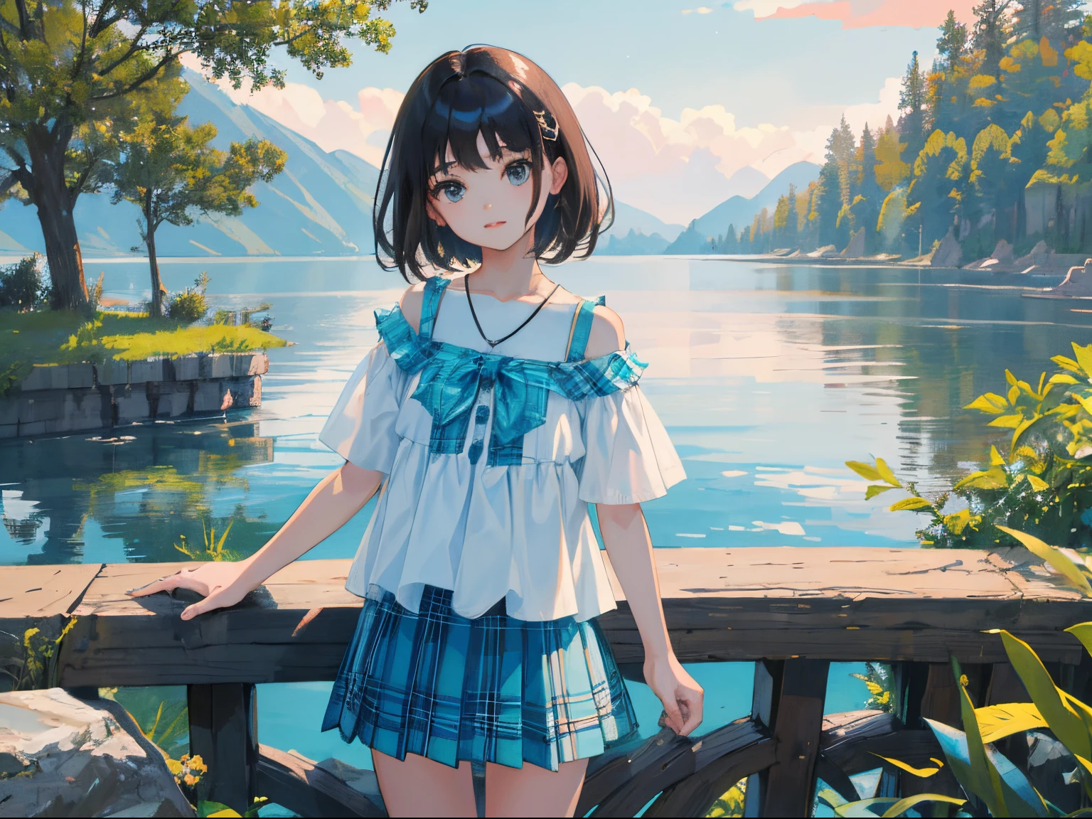 (child),(masterpiece,Highest Quality),(turquoise plaid skirt),White short-sleeved blouse,A dark-haired,lake